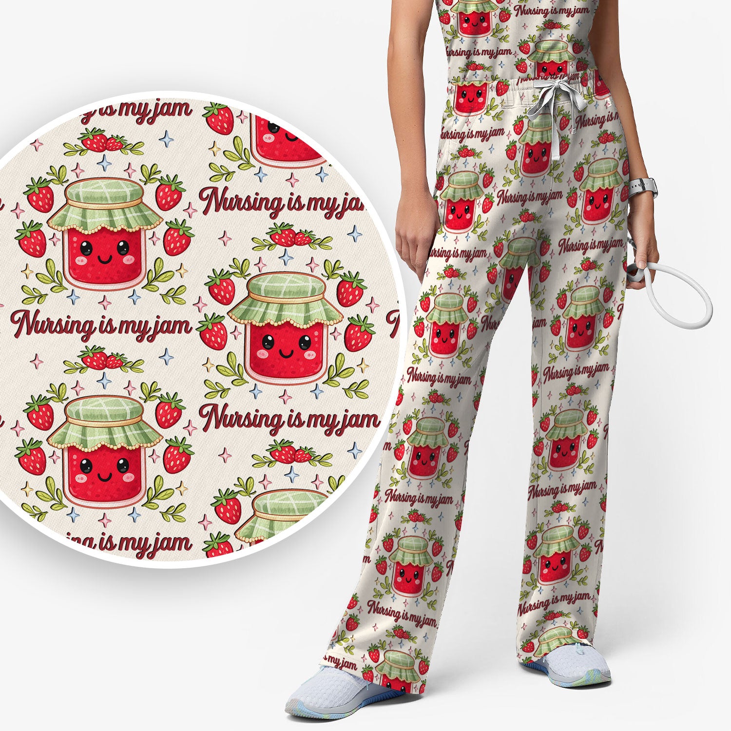 Cute Strawberry Jam Nurse Pattern Scrub Set, Breathable Med Uniform