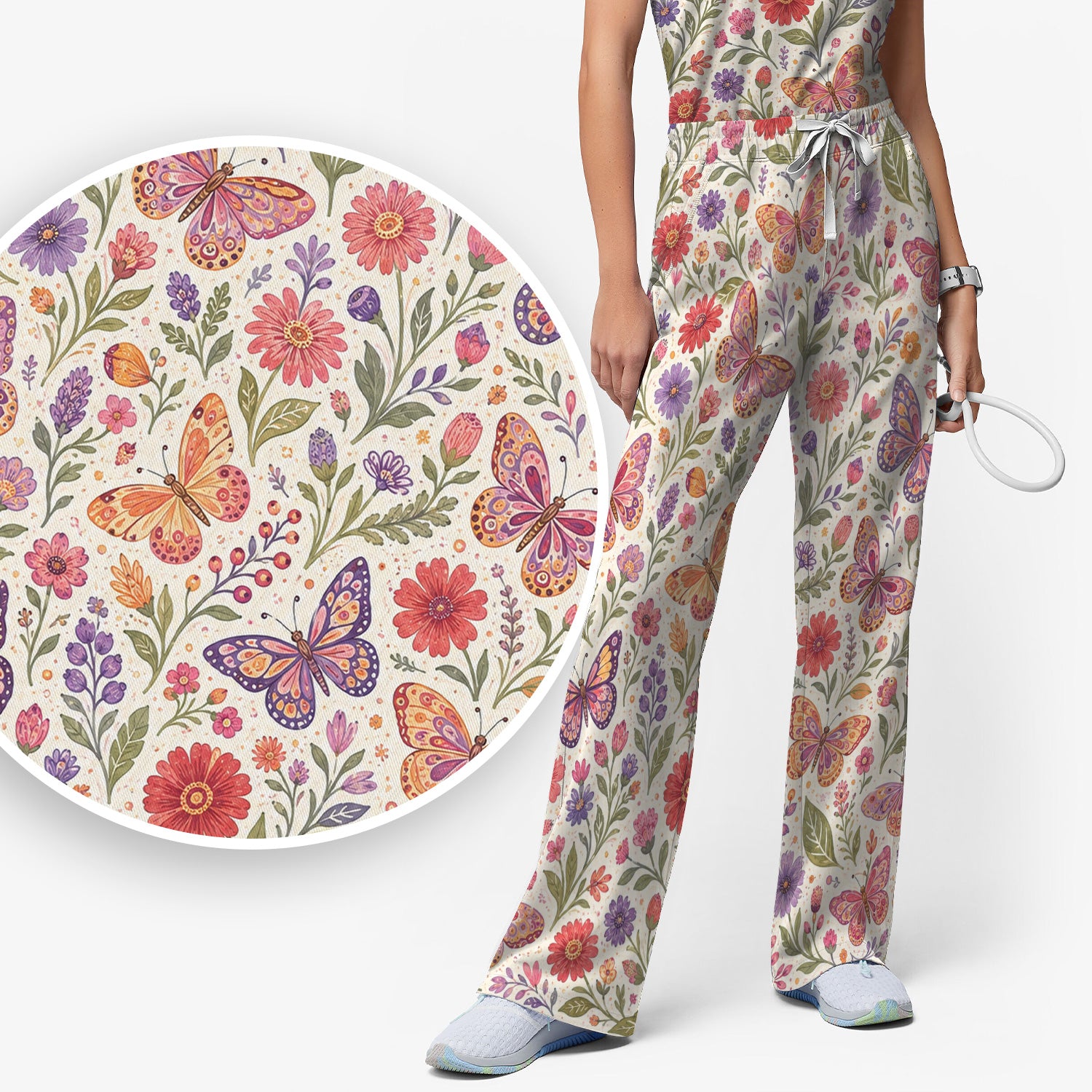 Floral Butterfly Pediatric Nurse Pattern Scrub Set, Scrub Pants and V Neck Top