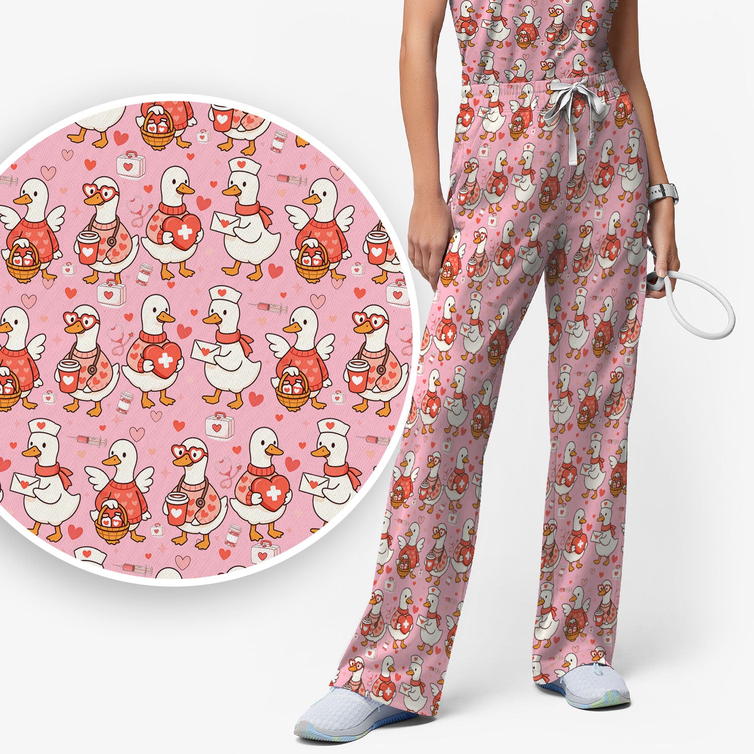 Valentine Goose Nurse Scrub Set, Heart Medical Pattern Nurse Shirt, Breathable Fabrics Nursing Uniform