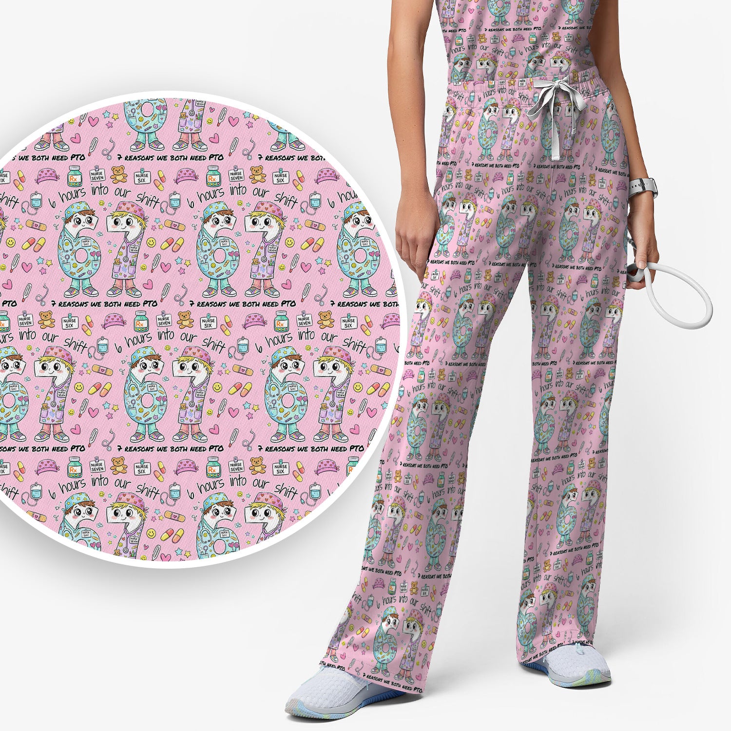 Cartoon Characters Six Hours Into Shift With Medical Doodle Scrub Set, Breathable Med Uniform