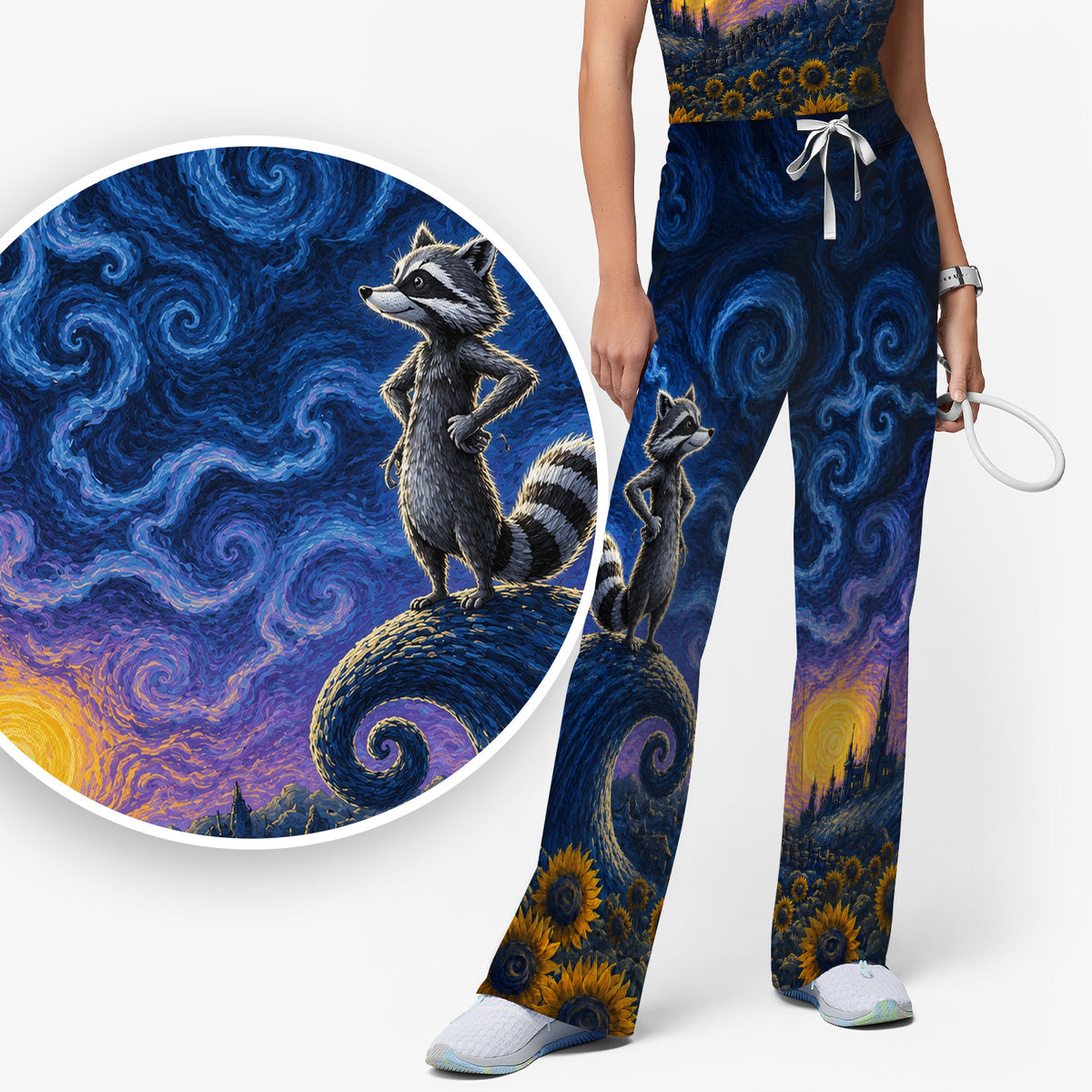 Starry Raccoon Print Scrub Set, Scrub Pants and V Neck Top