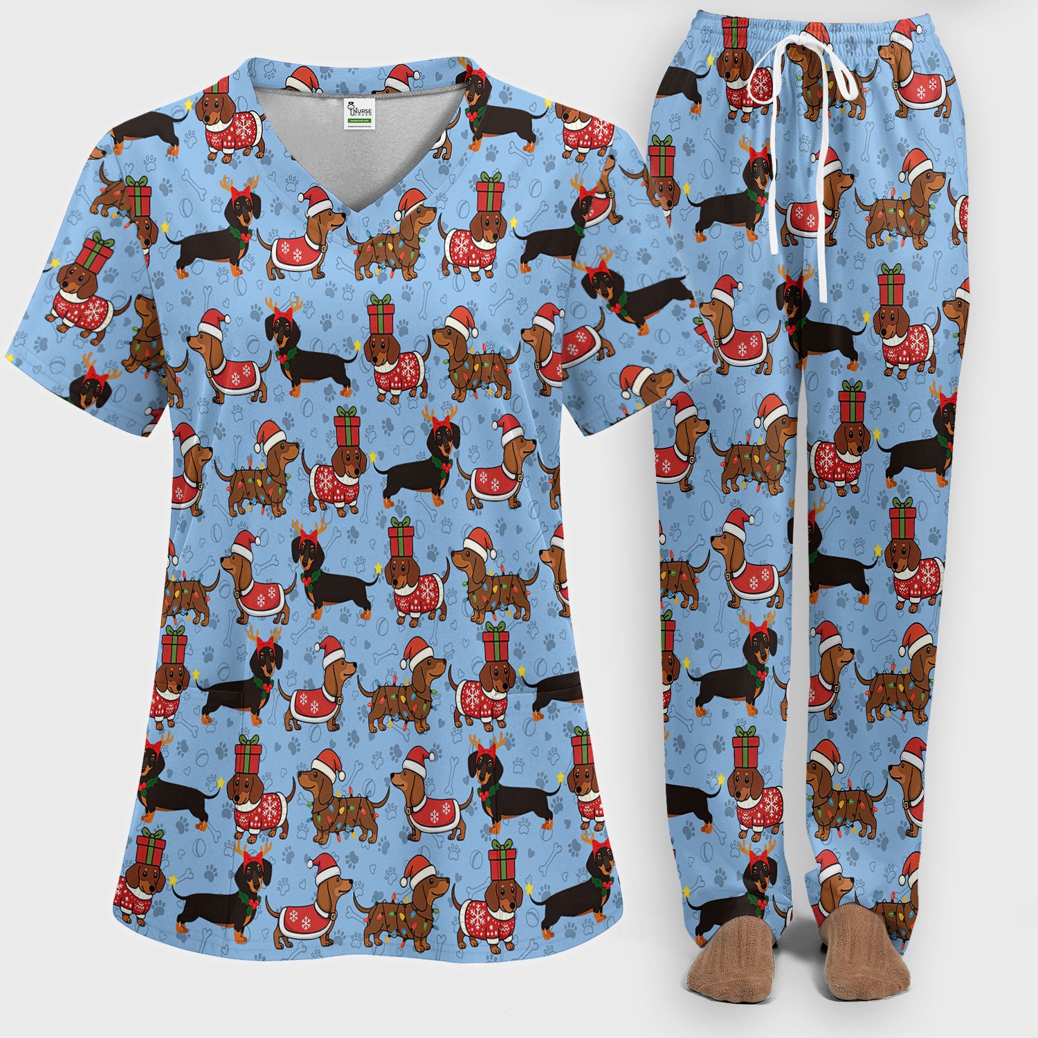 Funny Dachshund Dog Nursing Scrub Pants for Women - Wiener Santa Scrub Set for Nurse - Funny Medical Uniform for RN CNA LPN