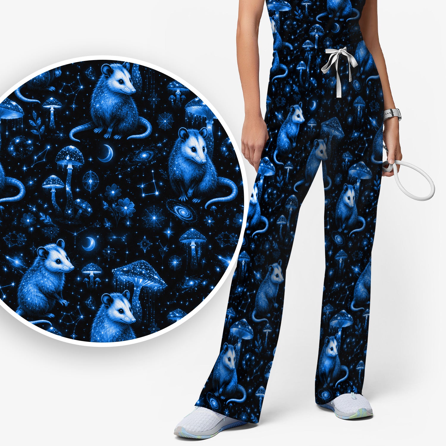 Celestial Blue Opossum With Mushroom Pattern Scrub Set, Scrub Pants and V Neck Top