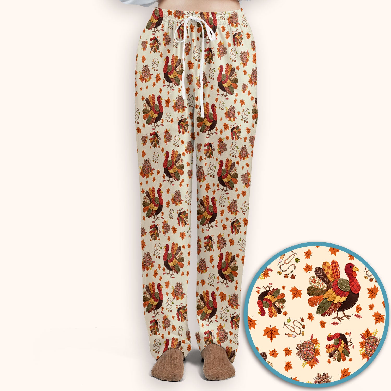 Fall Leaves Thanksgiving Women's Scrub Set - Comfortable Scrub Pants and V Neck Top - Funny Turkey Nursing Uniform