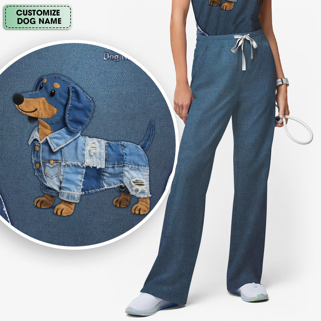 Custom Dog Name Denim Dachshund Print Scrub Set, Scrub Pants and V Neck Top