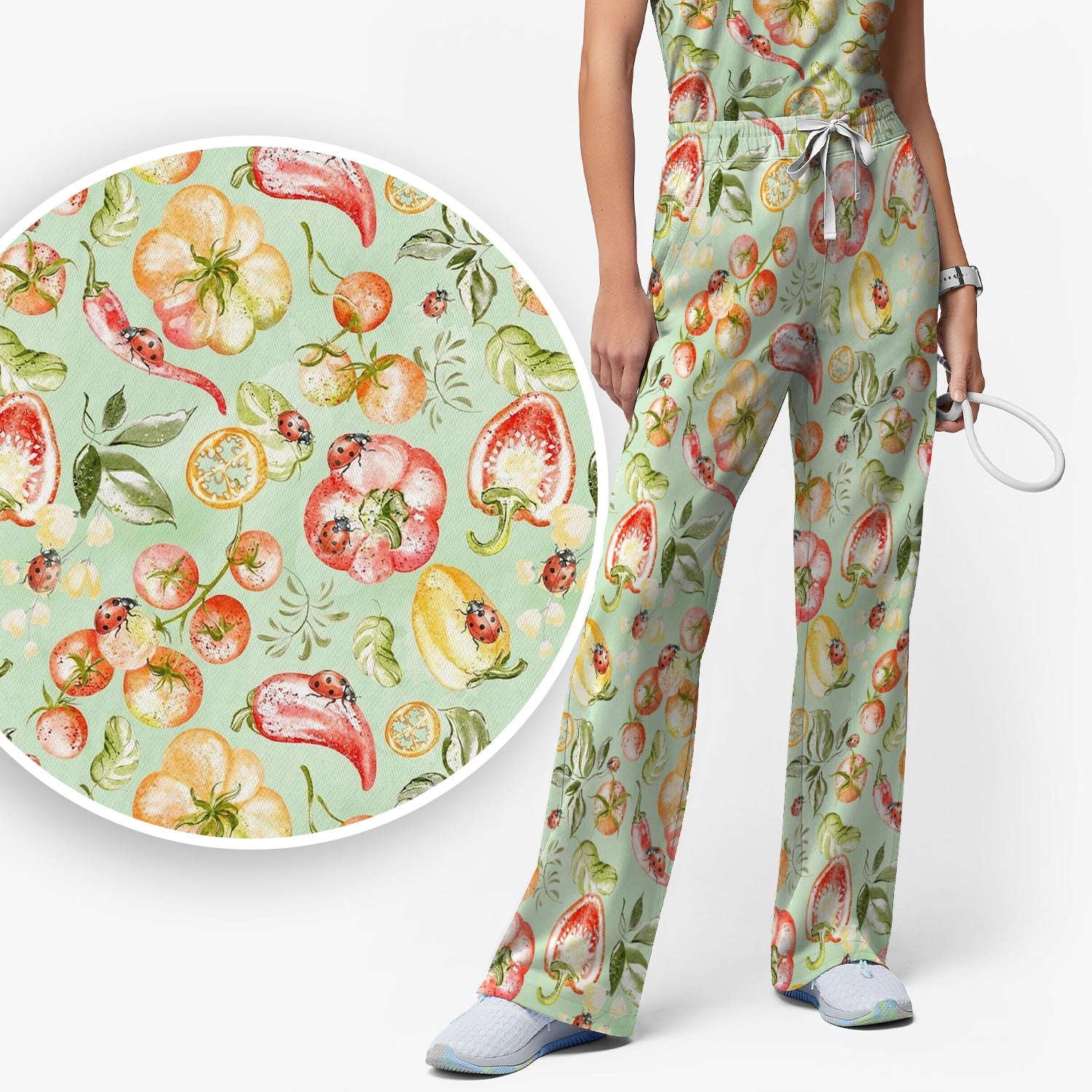 Cute Watercolor Veggie Ladybug Pattern Scrub Set, Scrub Pants and V Neck Top
