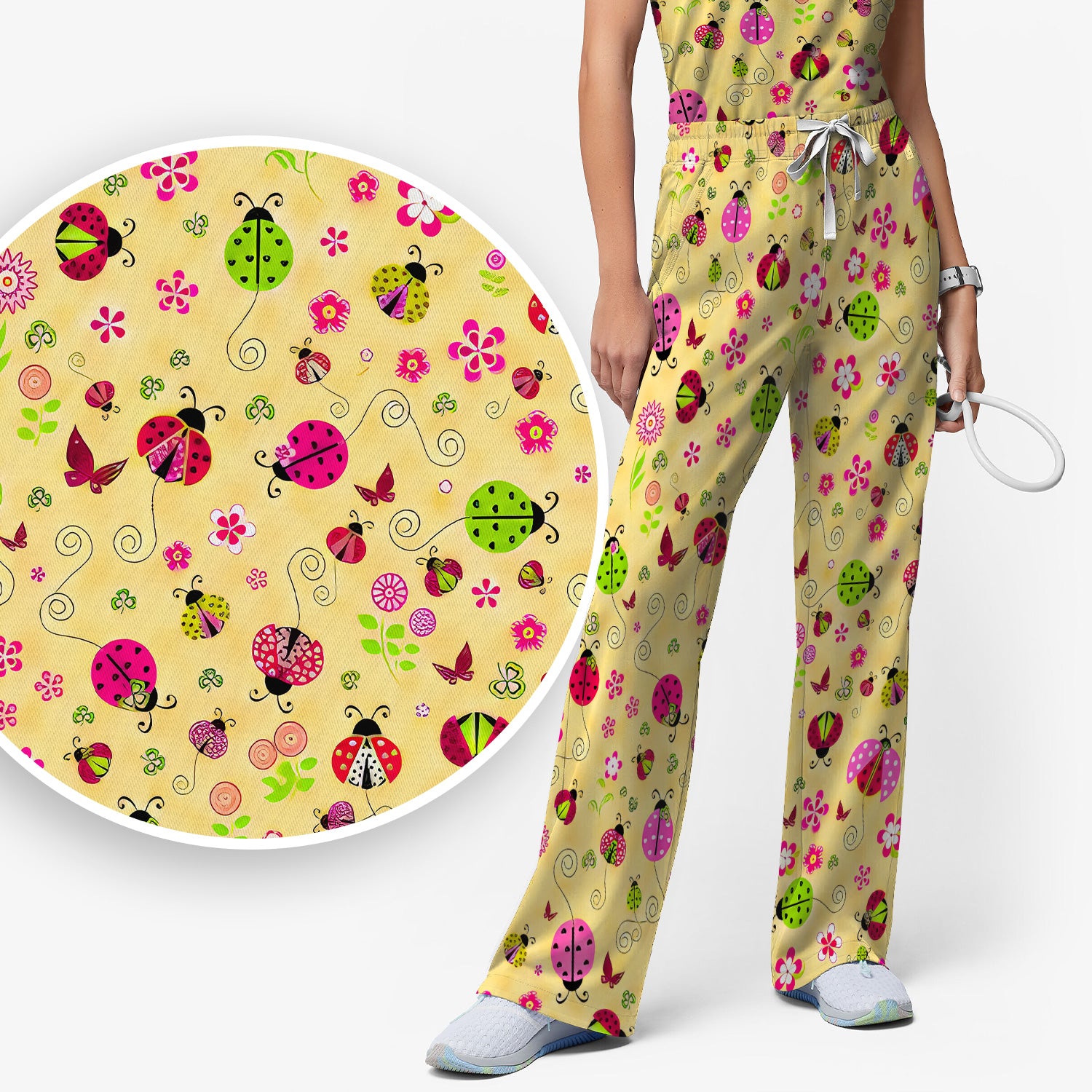 Yellow Ladybug Floral Garden Pattern Scrub Set, Scrub Pants and V Neck Top
