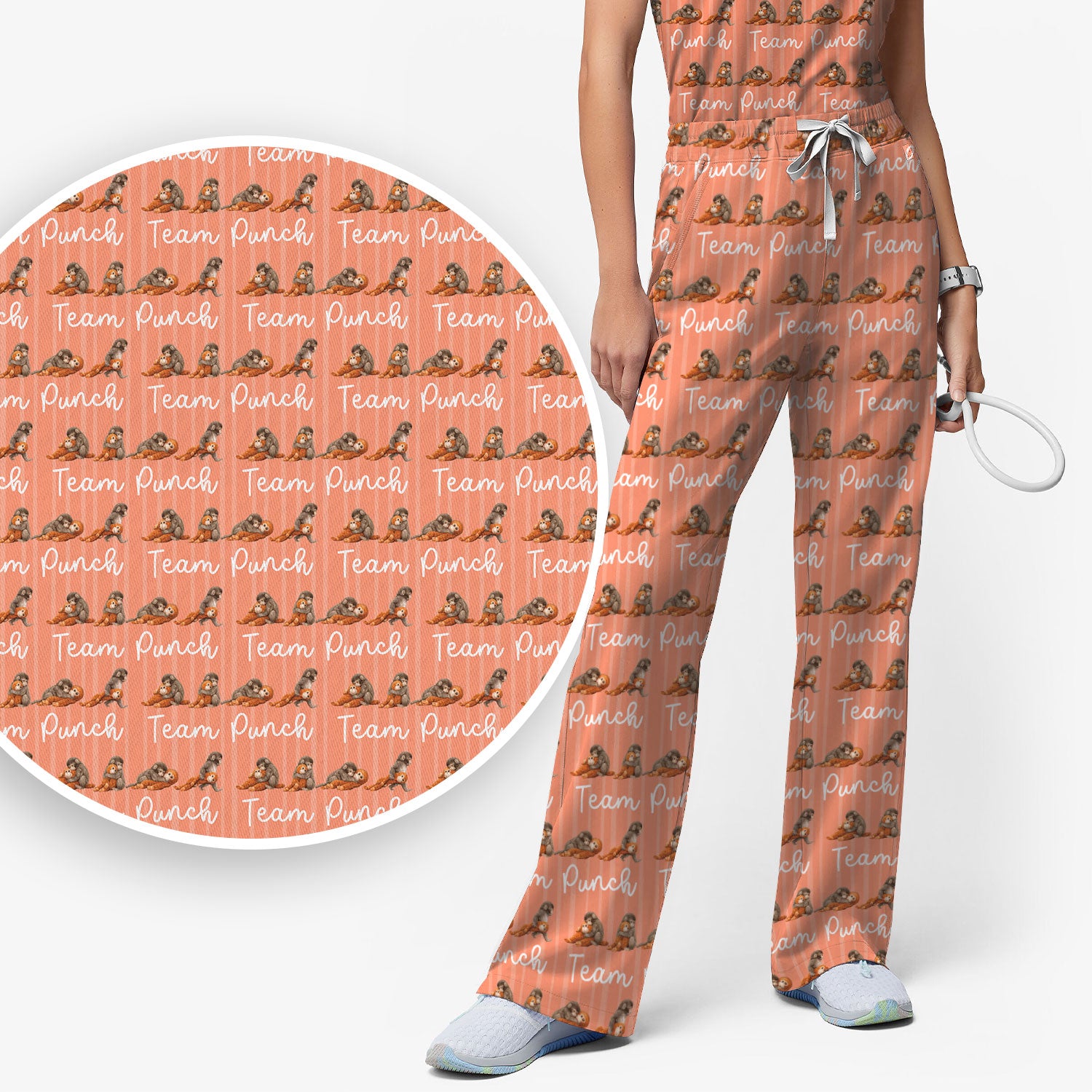 Funny Monkey Team Punch Scrub Set, Scrub Pants and V Neck Top
