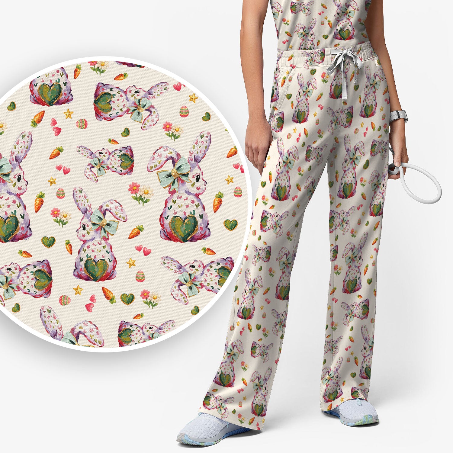Cute Pastel Bunny Easter Pattern Scrub Set, Scrub Pants and V Neck Top