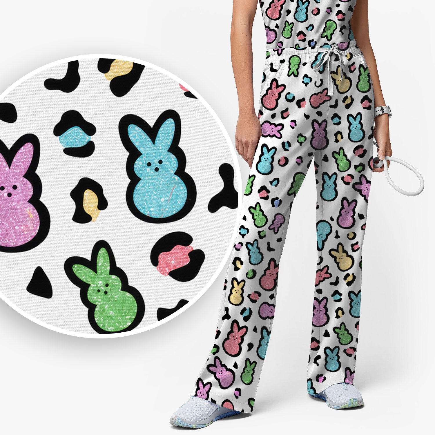Cute Easter Bunny Pastel Pattern Scrub Set, Scrub Pants and V Neck Top