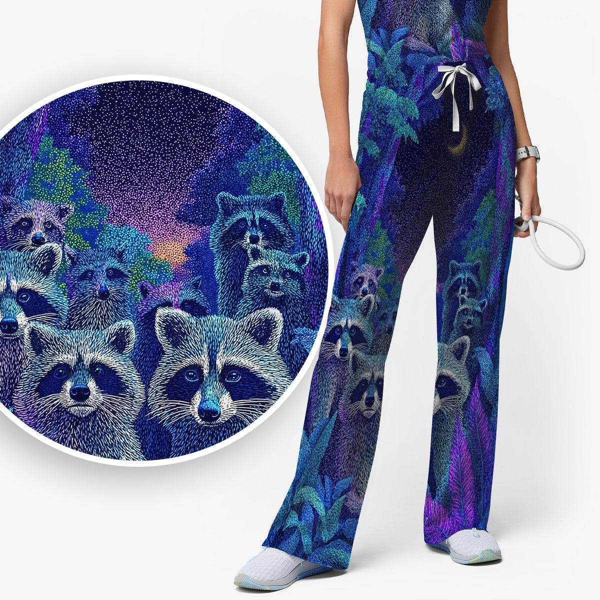 Moonlit Raccoon Pattern Scrub Set, Scrub Pants and V Neck Top