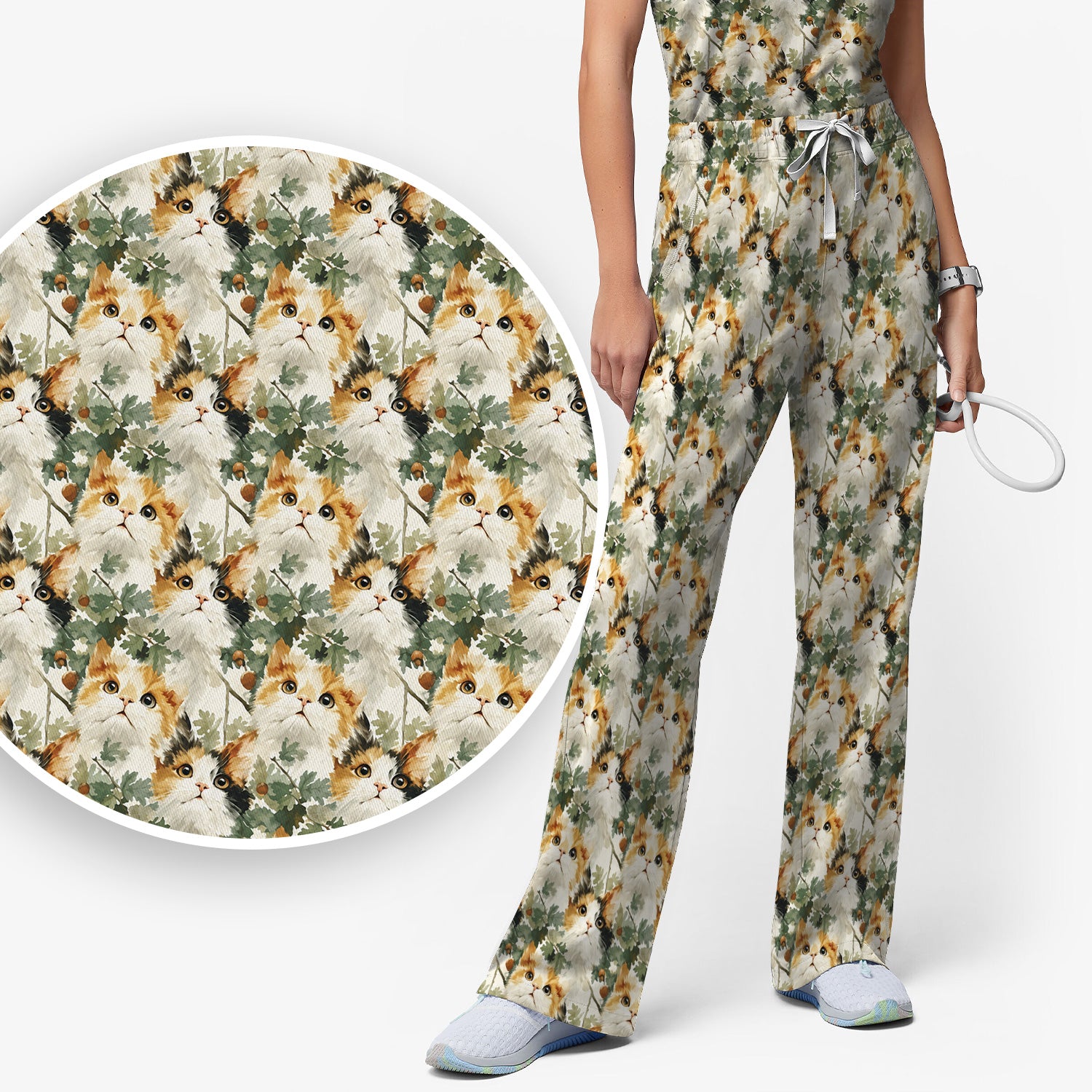 Fluffy Calico Cat Oak Leaves Pattern Scrub Set, Scrub Pants and V Neck Top