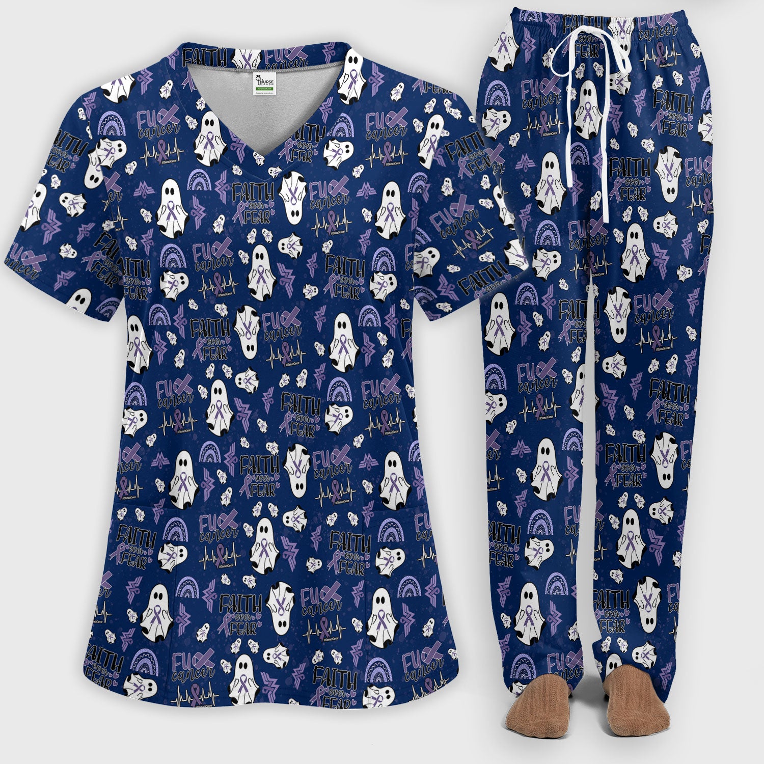 Periwinkle Ribbon Stomach Cancer Scrub Set for Women - Awareness Nurse Scrub Pants and V Neck Top - November Warrior Survivor Gift