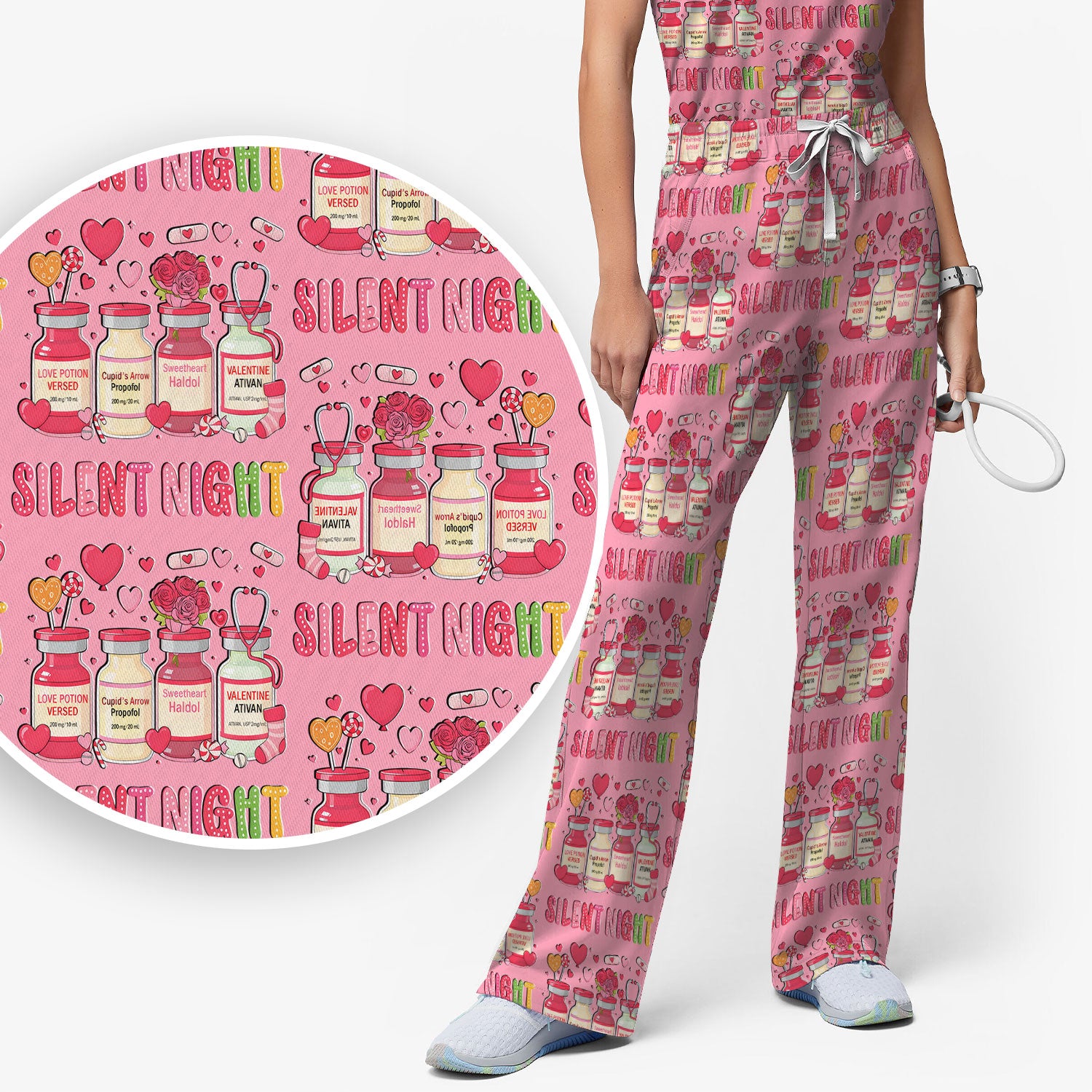 Valentine Silent Night Love Design Scrubs Set, Breathable Med Uniform