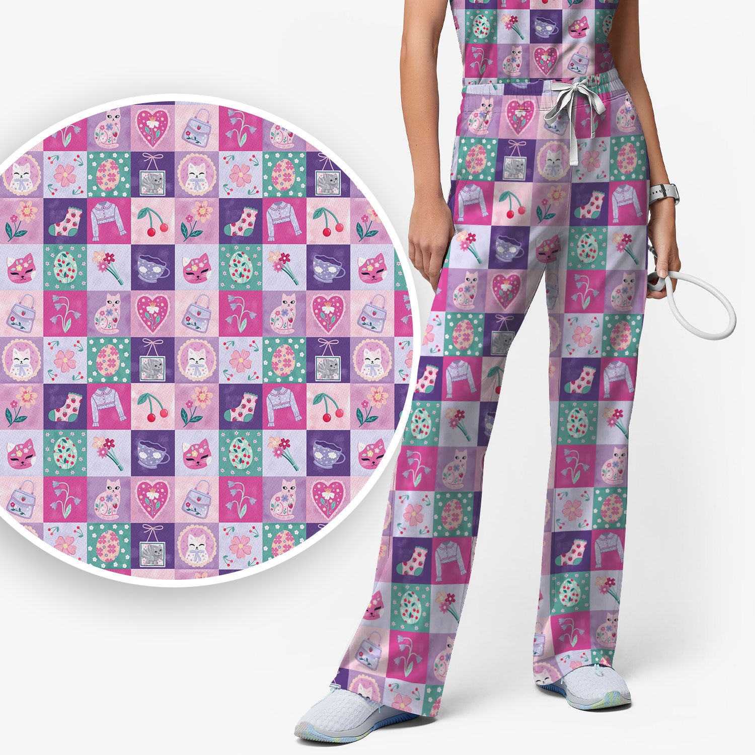 Pastel Cat Patchwork Scrub Set,  Kawaii Floral Scrub Pants and V Neck Top
