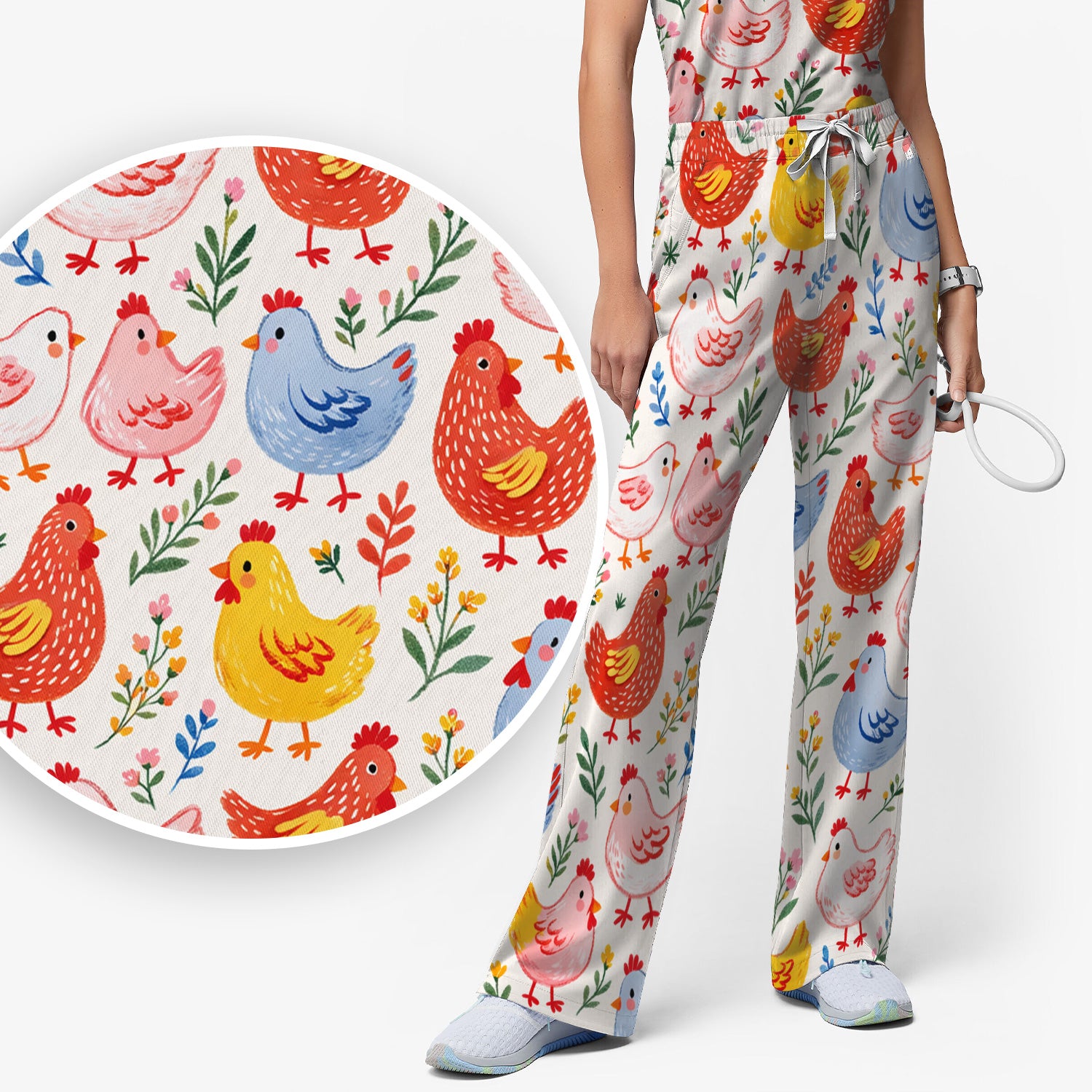 Fun Cartoon Hen Print Scrub Set, Scrub Pants and V Neck Top