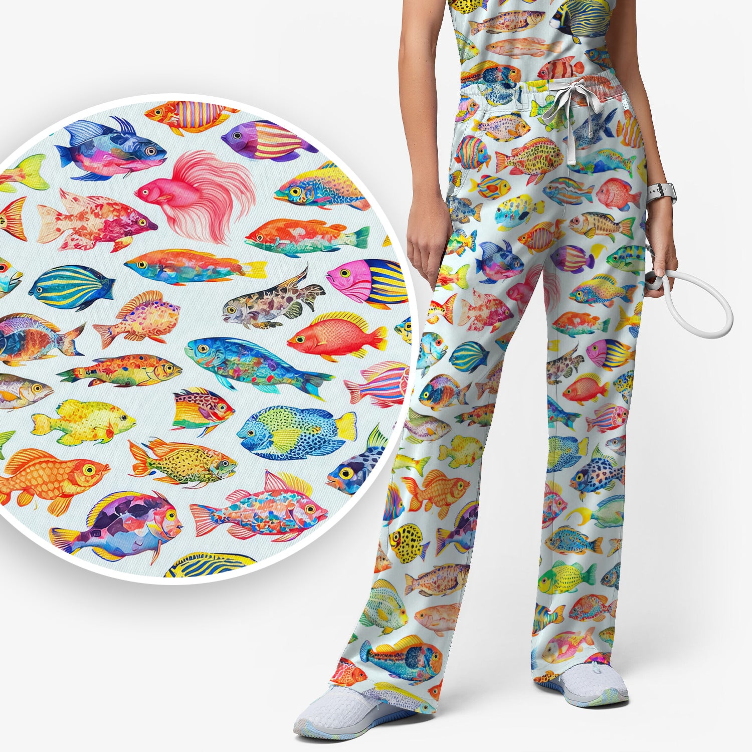 Colorful Tropical Fish Pattern Scrub Set, Scrub Pants and V Neck Top