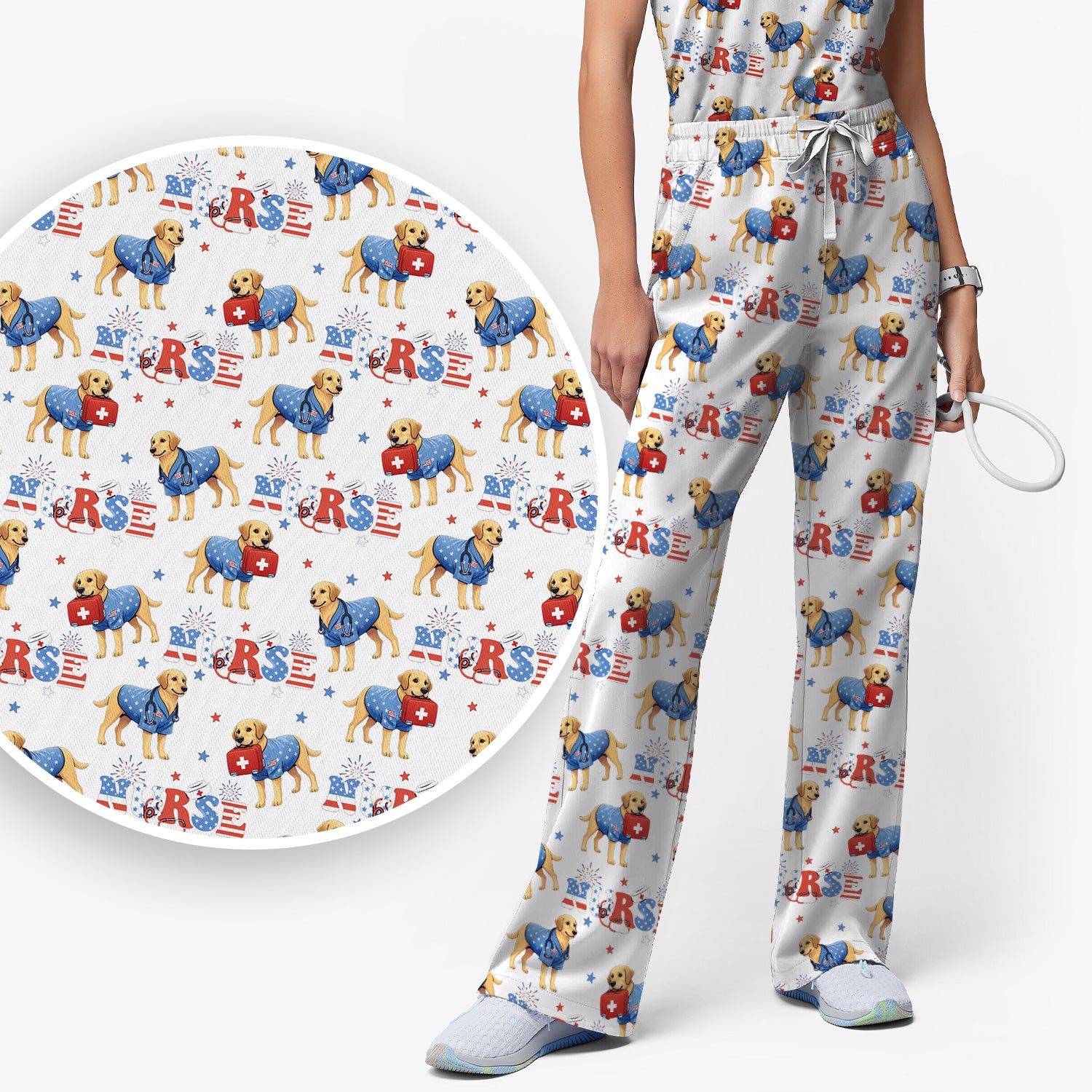 Patriotic Nurse Dog Medical Pattern Pattern Scrub Set, Women's Scrub Sets