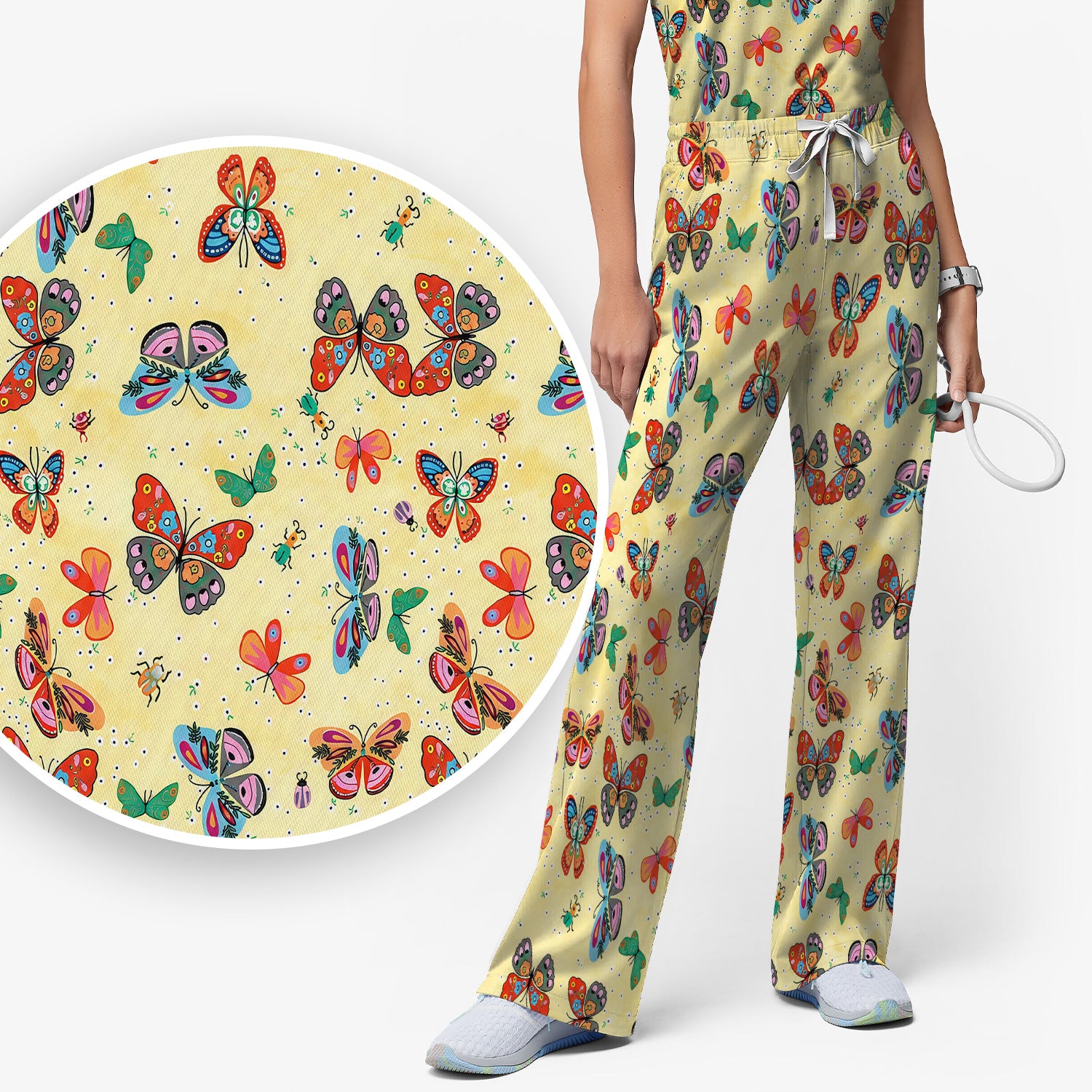 Colorful Butterfly Garden Pattern Scrub Set, Scrub Pants and V Neck Top