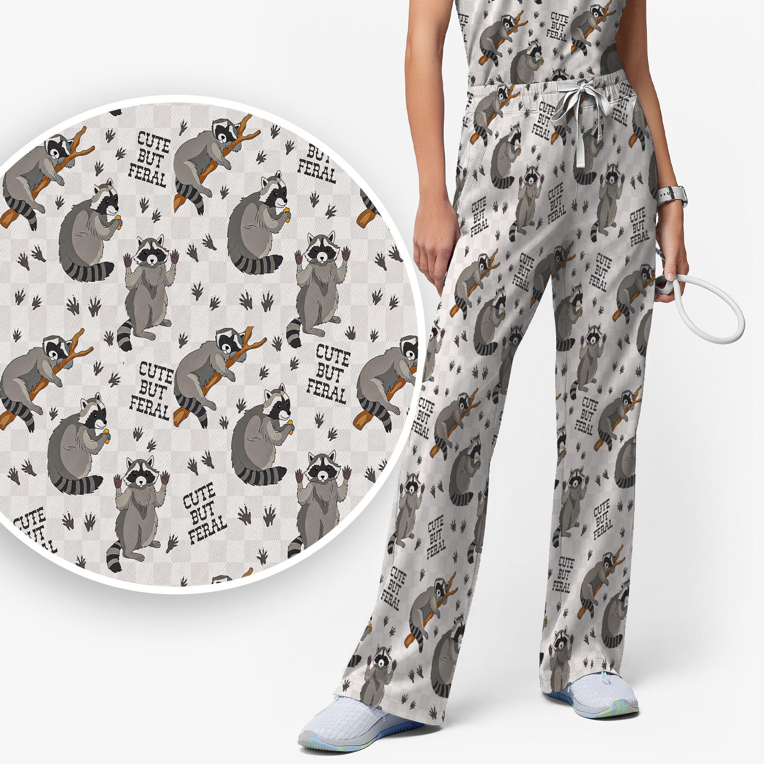 Funny Feral Raccoon Pattern Scrub Set, Scrub Pants and V Neck Top