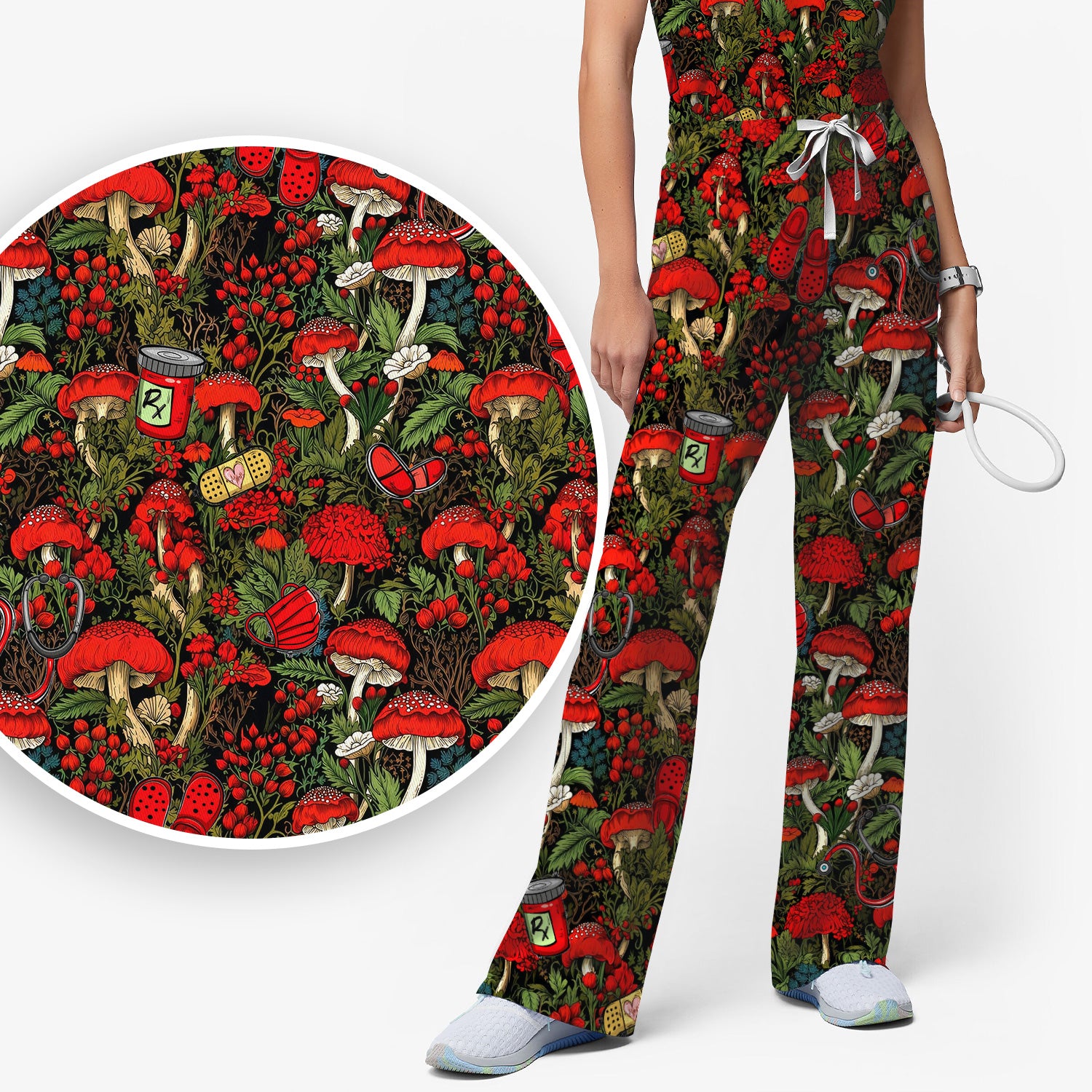 Red Mushroom Medical Forest Pattern Scrub Set, Scrub Pants and V Neck Top