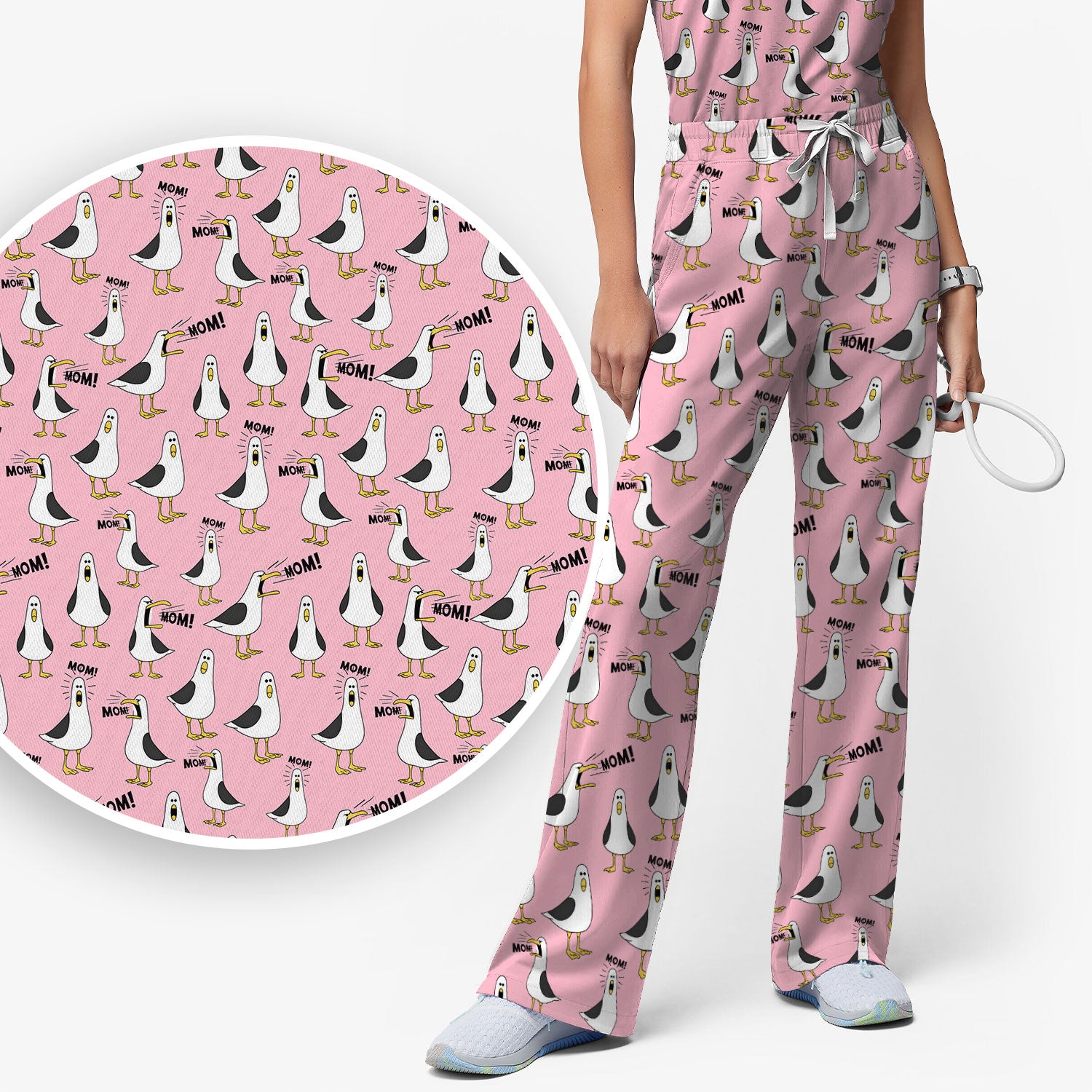 Funny Seagull Mom Seamless Pattern Scrub Set, Scrub Pants and V Neck Top