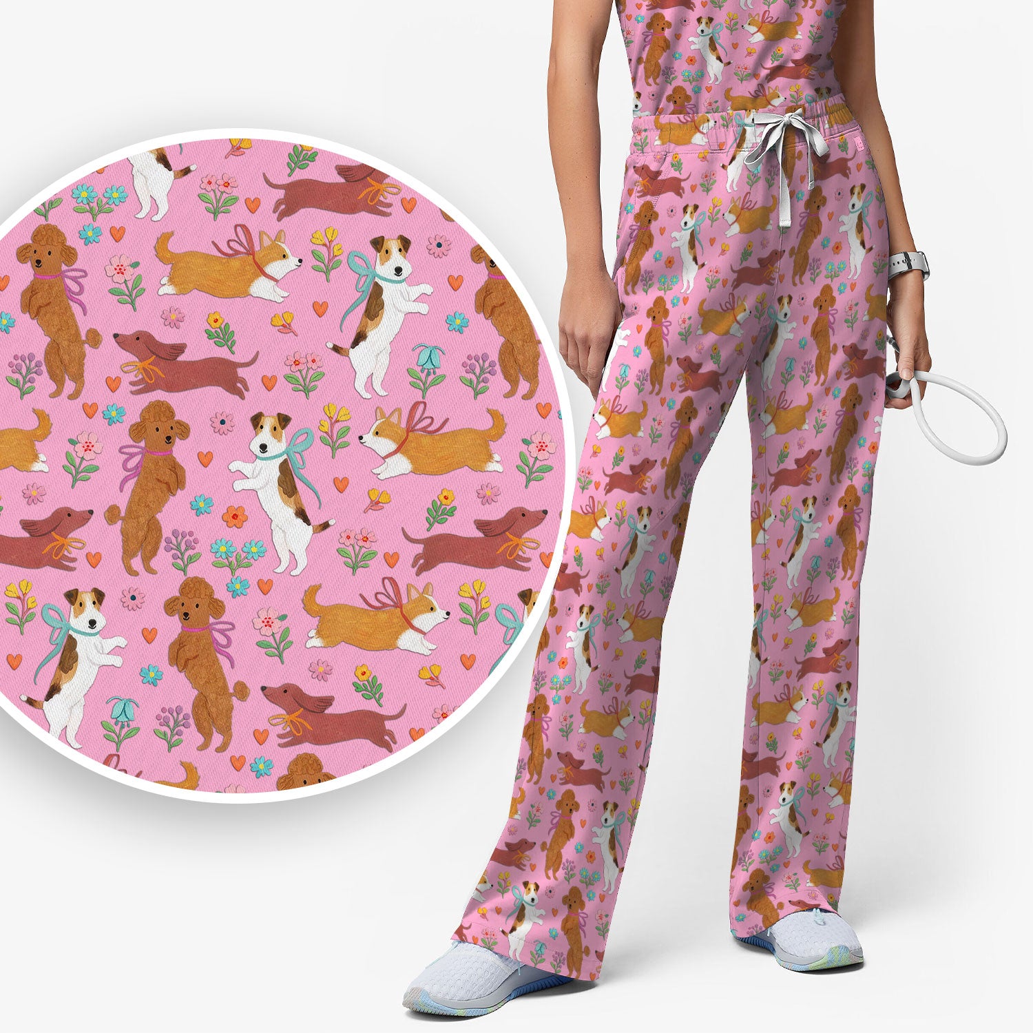 Cute Cartoon Dog Print Women's Scrub Set, Scrub Pants and V Neck Top
