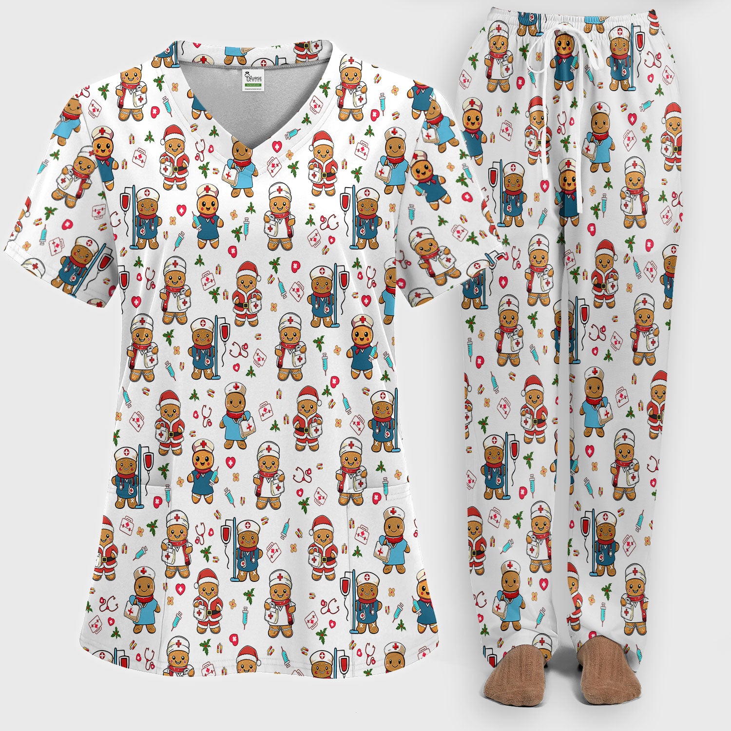 Gingerbread Nurse Scrub Pants - Santa’s Favorite Nurse Holiday Gift - Medical Uniform Set for RN LPN CNA - Funny Xmas Ugly Sweater