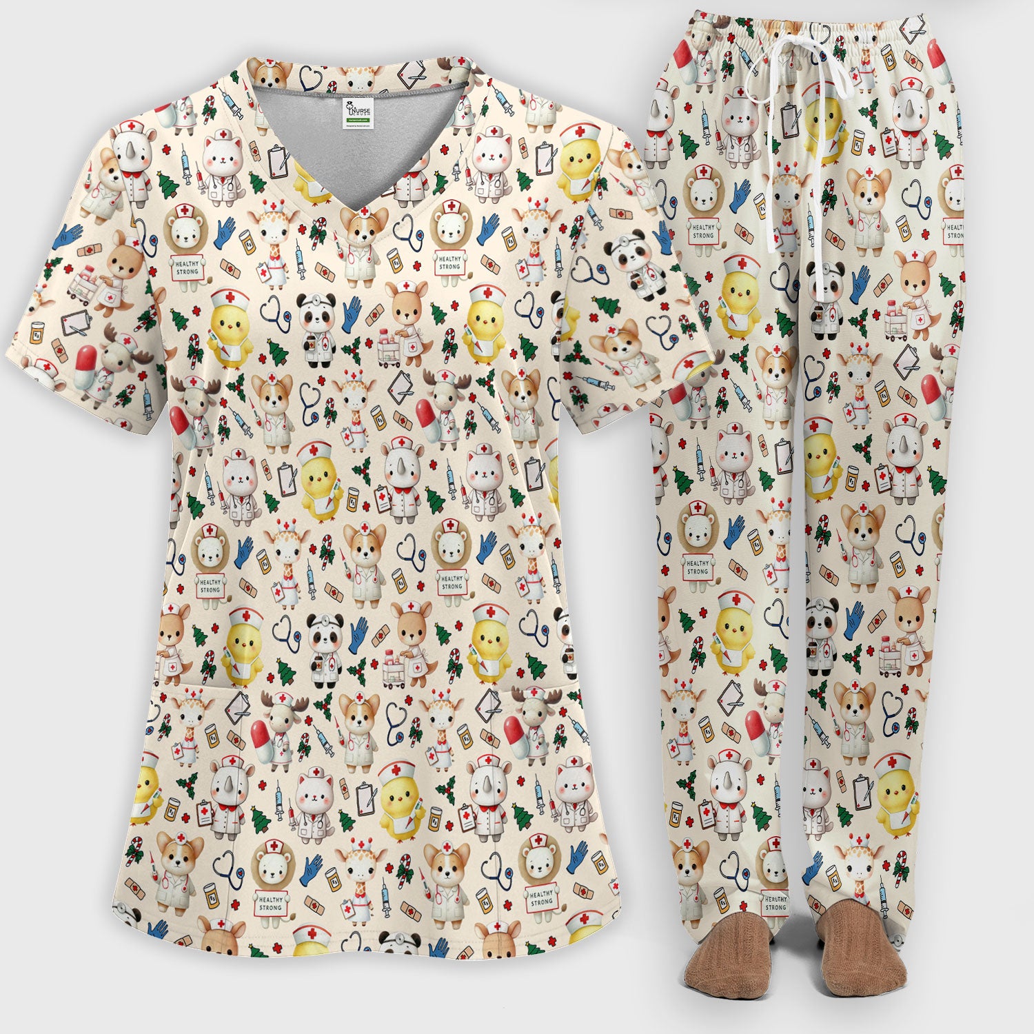 Comfortable Scrubs for Nurses - Women's Scrub Sets - Blue Scrub Pants and V Neck Top - Puppy Print Nursing Uniform