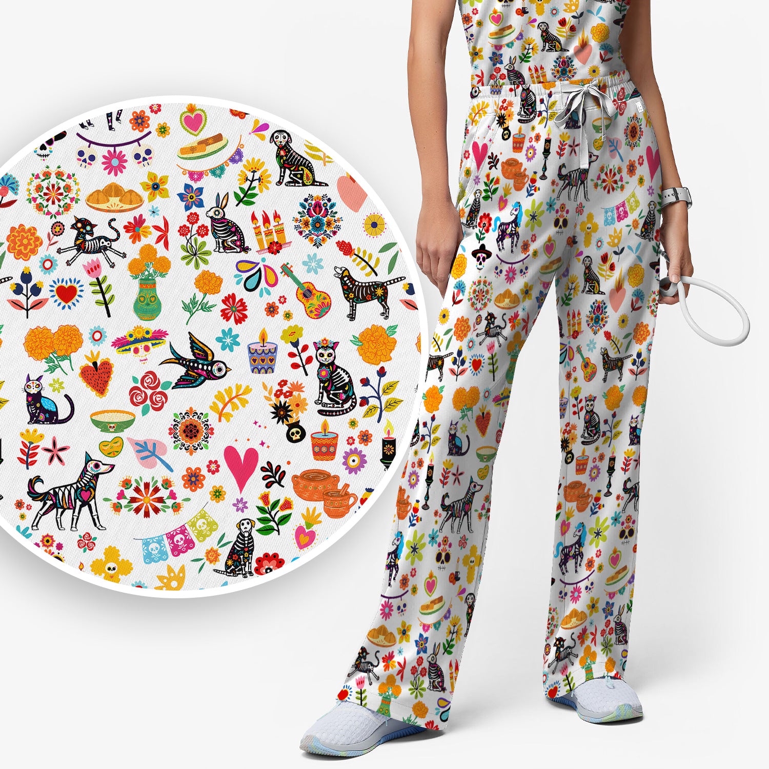 Day Of The Dead Sugar Skull Print Scrub Set, Scrub Pants and V Neck Top