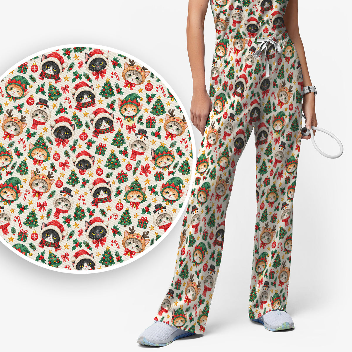 Christmas Cats And Trees Pattern Scrub Set, Scrub Pants and V Neck Top