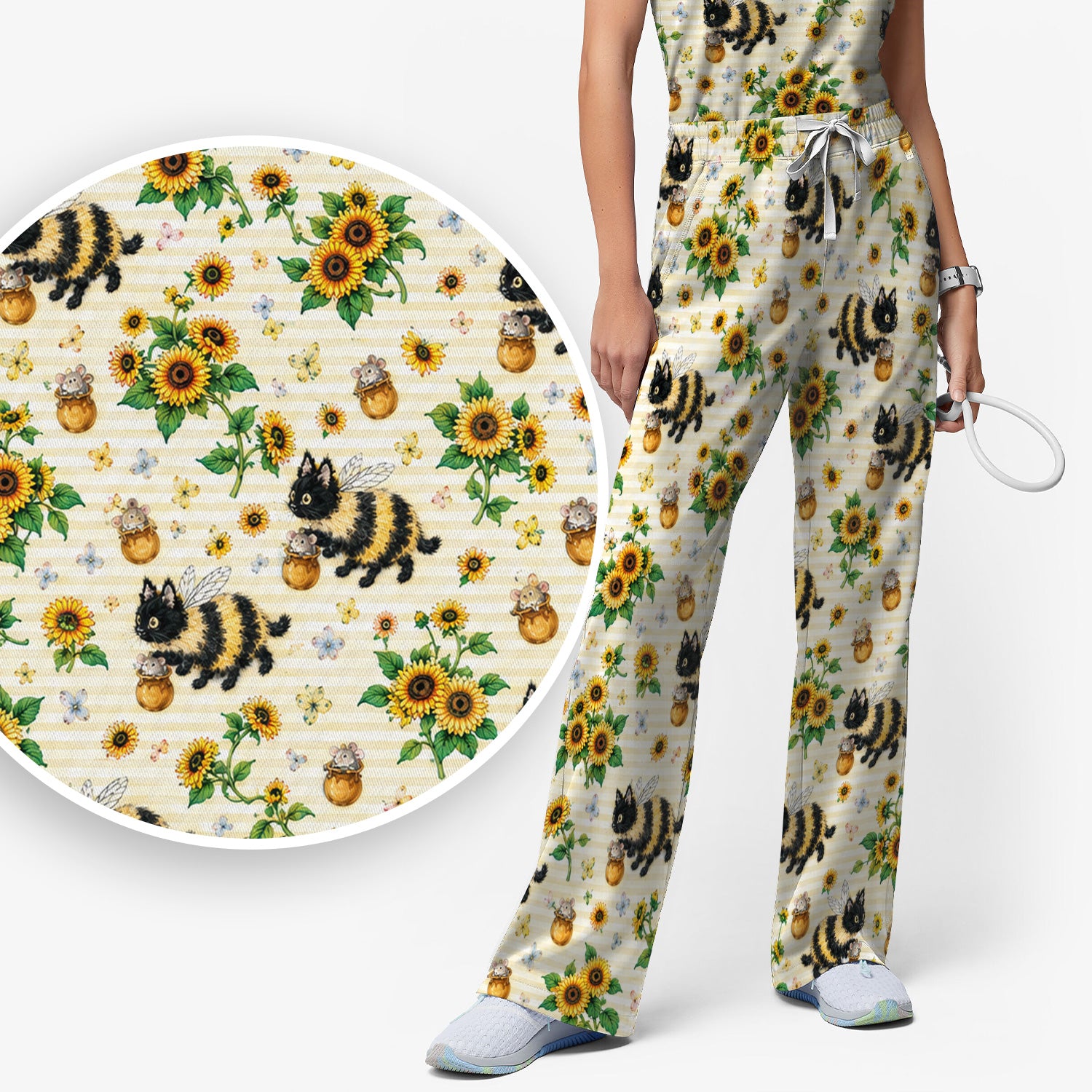 Cute Bumblebee Cat Sunflower Pattern Scrub Set, Scrub Pants and V Neck Top