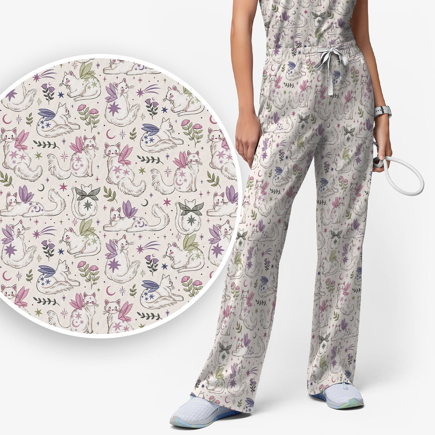 Cute Fairy Cat Moon Star Floral Pattern Scrub Set, Scrub Pants and V Neck Top