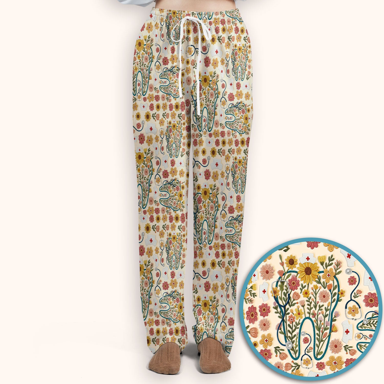 Boho Floral Tooth Scrub Set - Aesthetic Dental Scrubs Pants and V Neck - Cute Flower Tooth Medical Uniform - Hygienist Christmas Gift