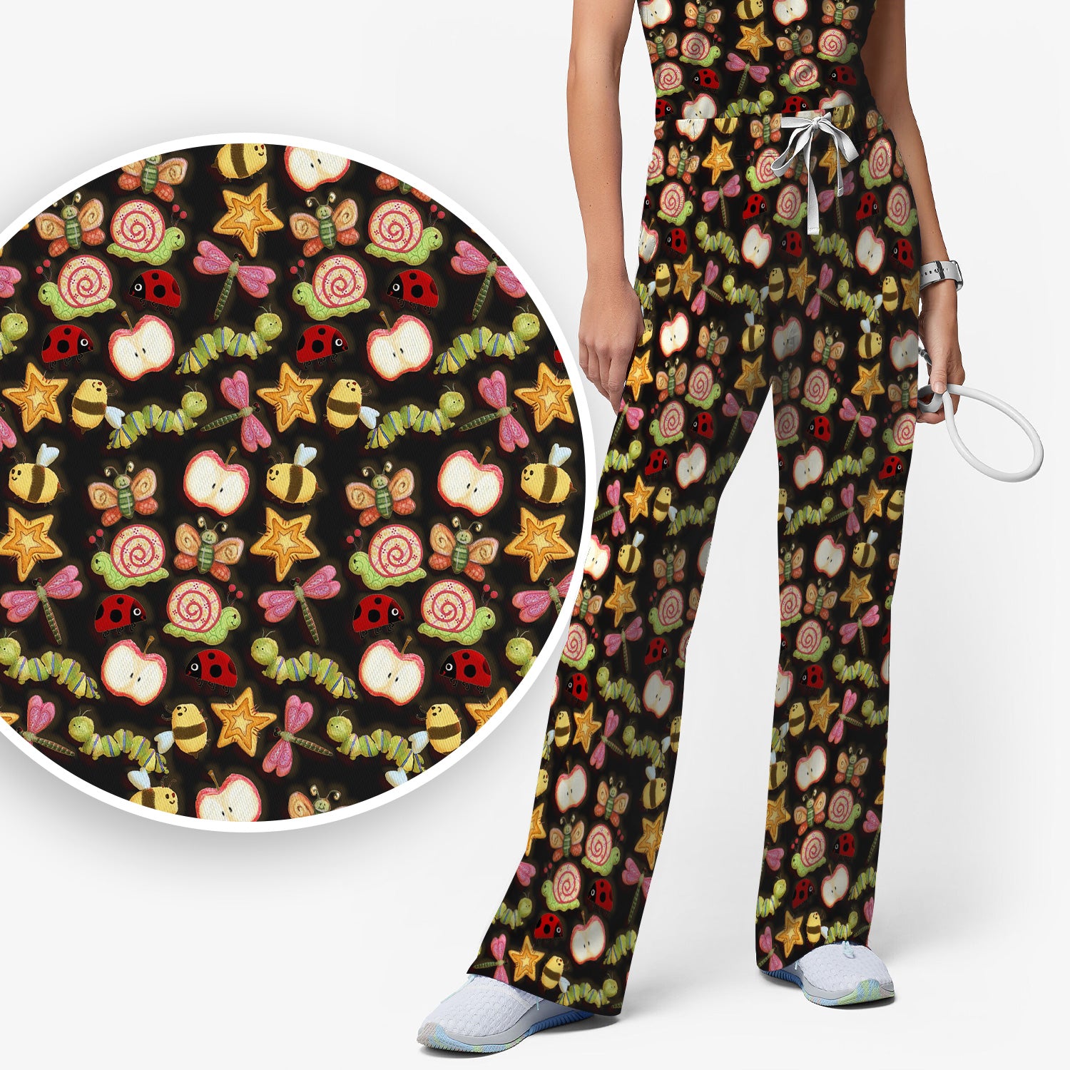 Cute Nurse Snail Ladybug Caterpillar Apple Garden Pattern Scrub Set, Breathable Med Uniform