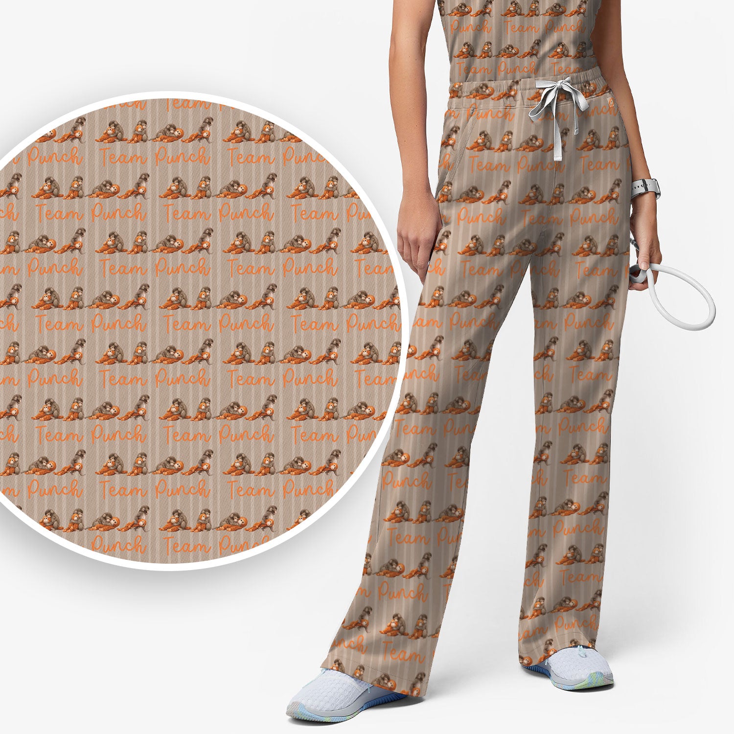 Funny Monkey Team Punch Scrub Set, Scrub Pants and V Neck Top