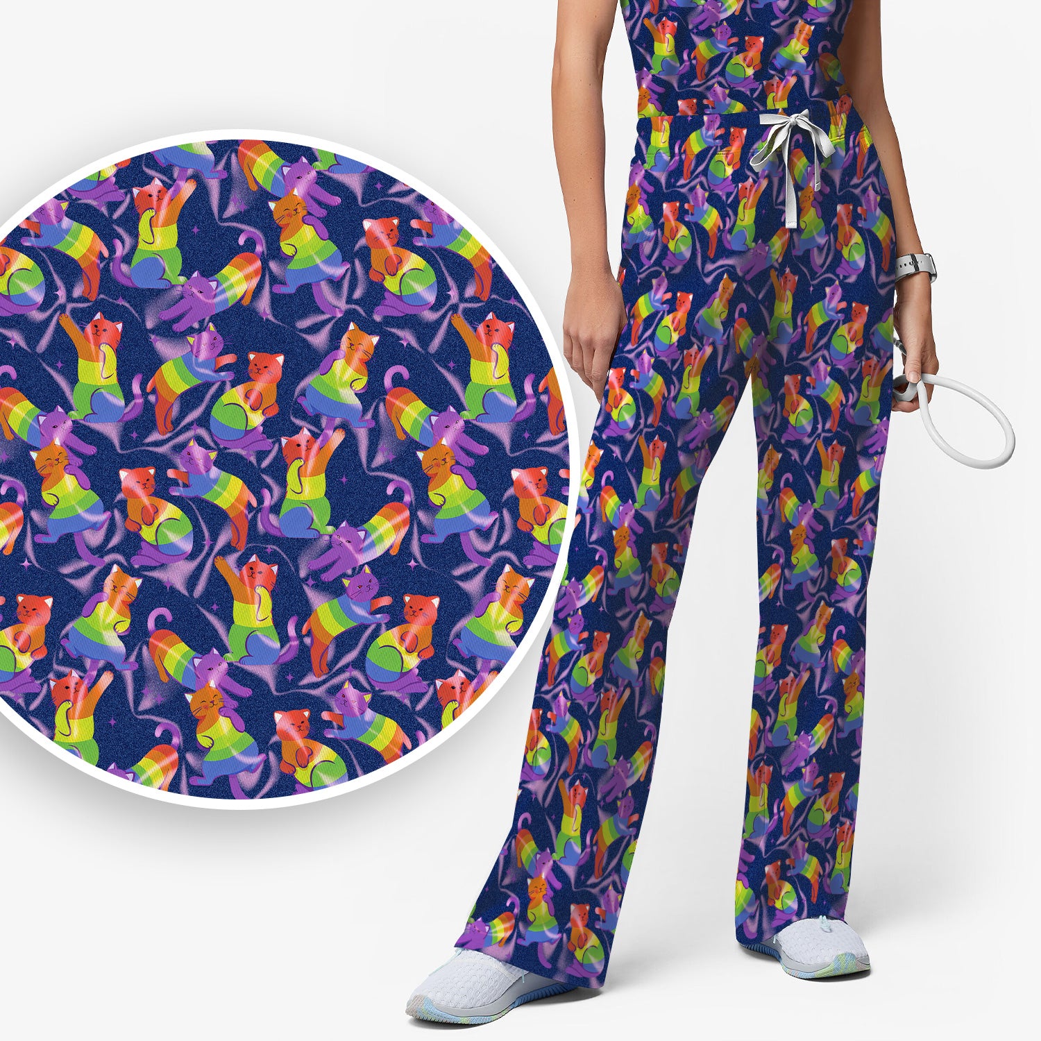 Rainbow Pride Cat Pattern Scrub Set, Scrub Pants and V Neck Top