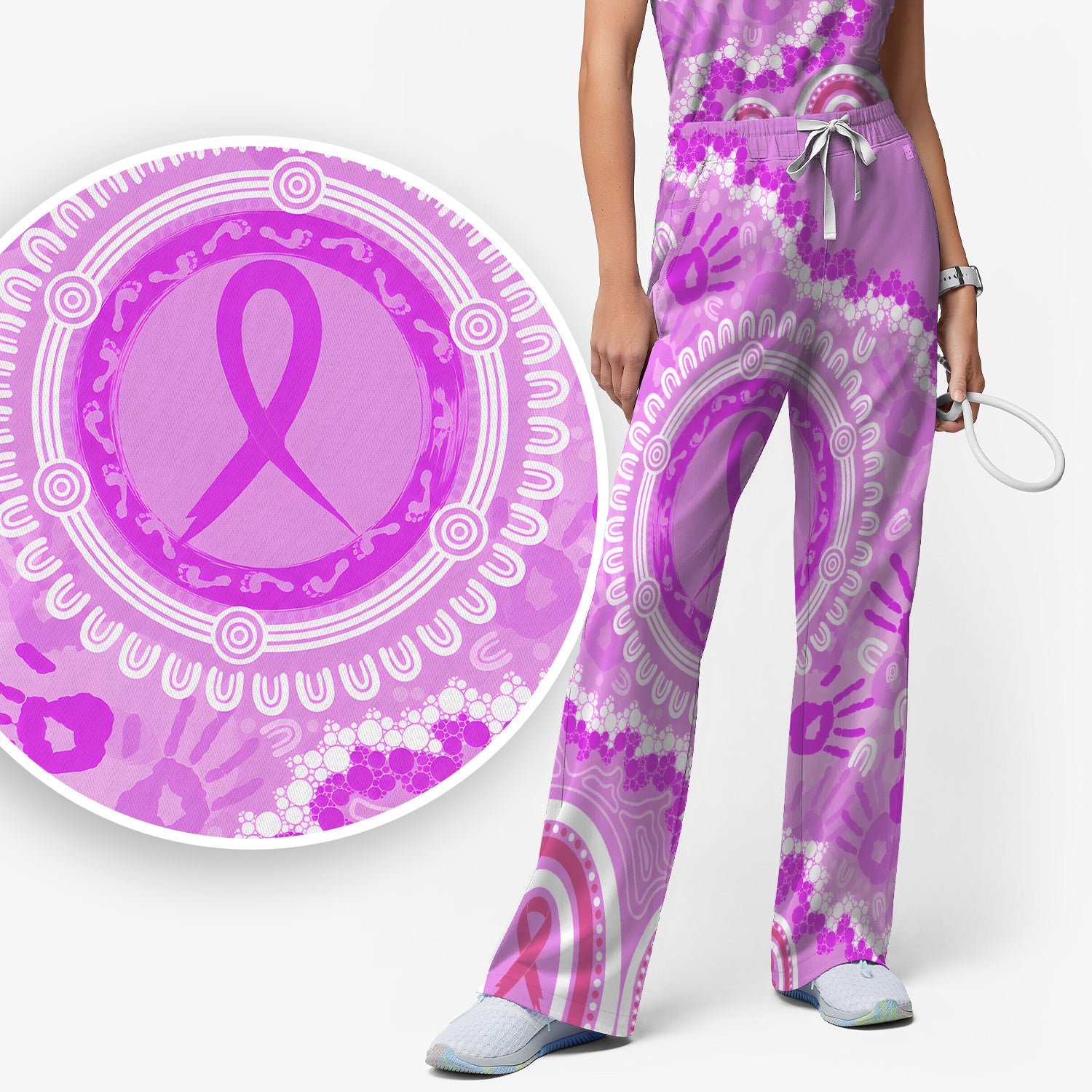 Meaningful Pink Ribbon Scrub Set, Scrub Pants and V Neck Top