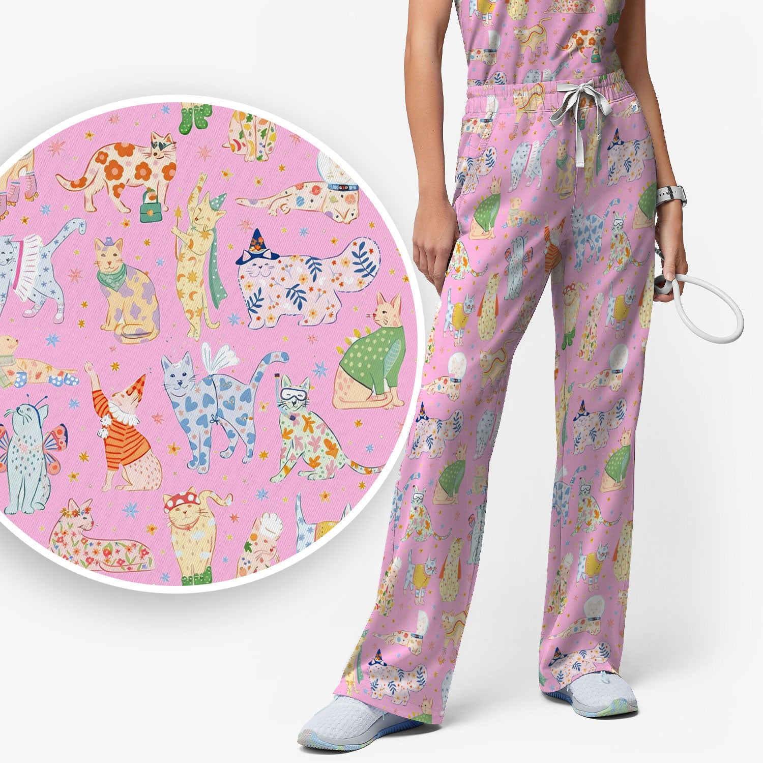 Colorful Pastel Cartoon Cats Print Scrub Set, Breathable Med Uniform