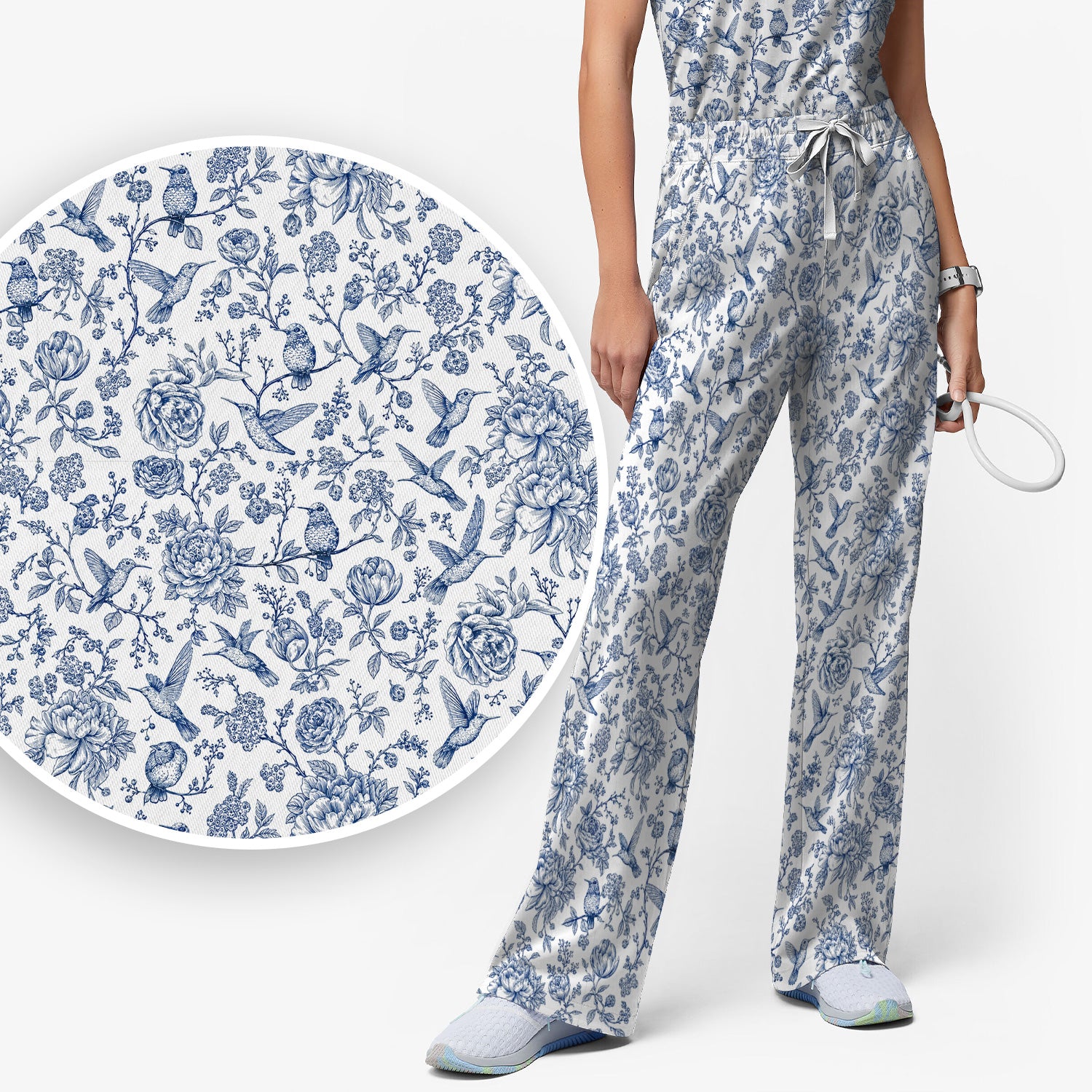 Blue Toile Hummingbird Floral Pattern Scrub Set, Scrub Pants and V Neck Top
