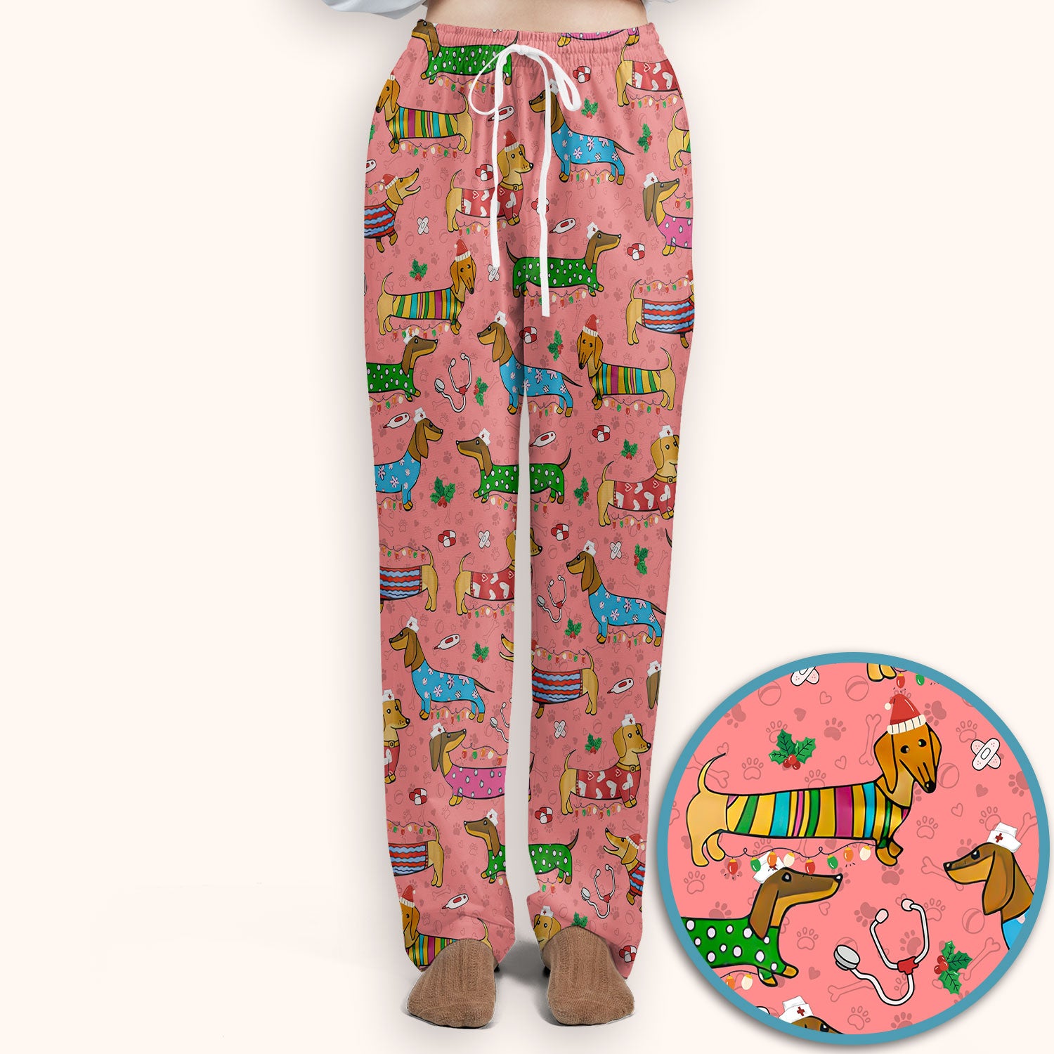 Christmas Scrub Set for Women - Funny Dachshund Scrubs Pants and V Neck Top - Cute Holiday Medical Uniform Gift for RN LPN CNA
