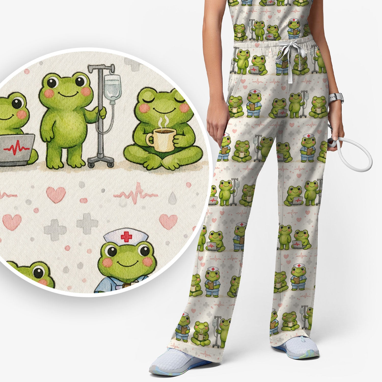 Adorable Frog Nurse Various Poses Print Scrub Set, Breathable Med Uniform