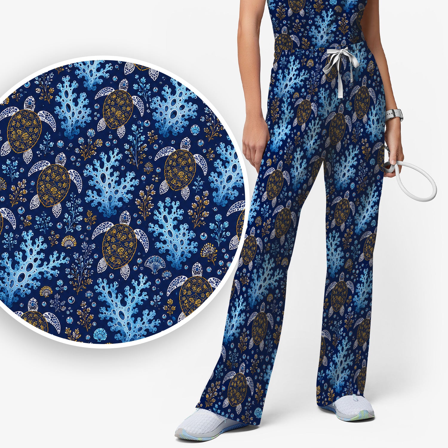 Ocean Turtle Coral Nurse Pattern Scrub Set, Scrub Pants and V Neck Top