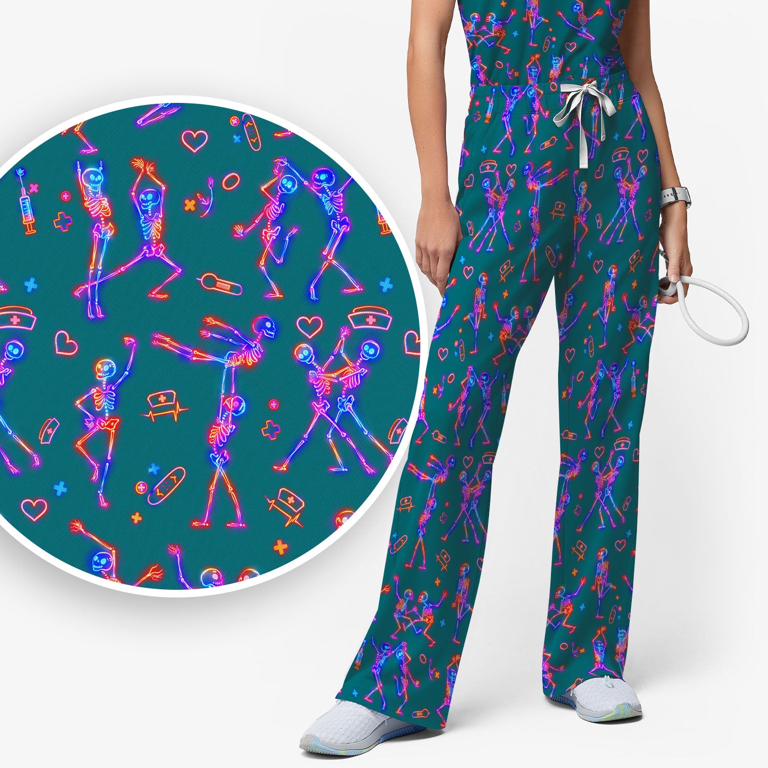 Neon Dancing Skeleton Medical Pattern Set, Scrub Pants and V Neck Top