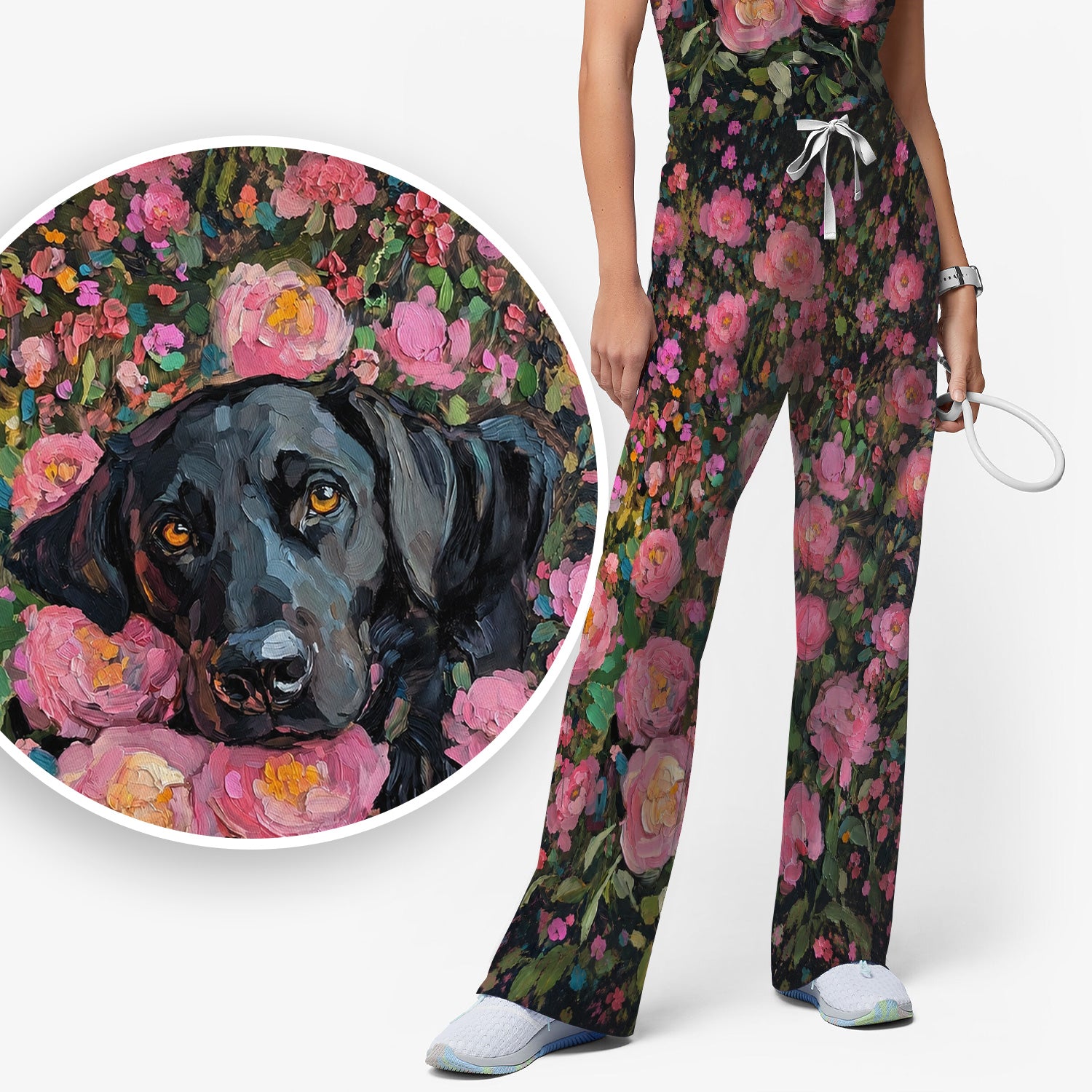 Painterly Floral Black Dog Pattern, Pet Lover Medical Scrub Set, Scrub Pants and V Neck Top
