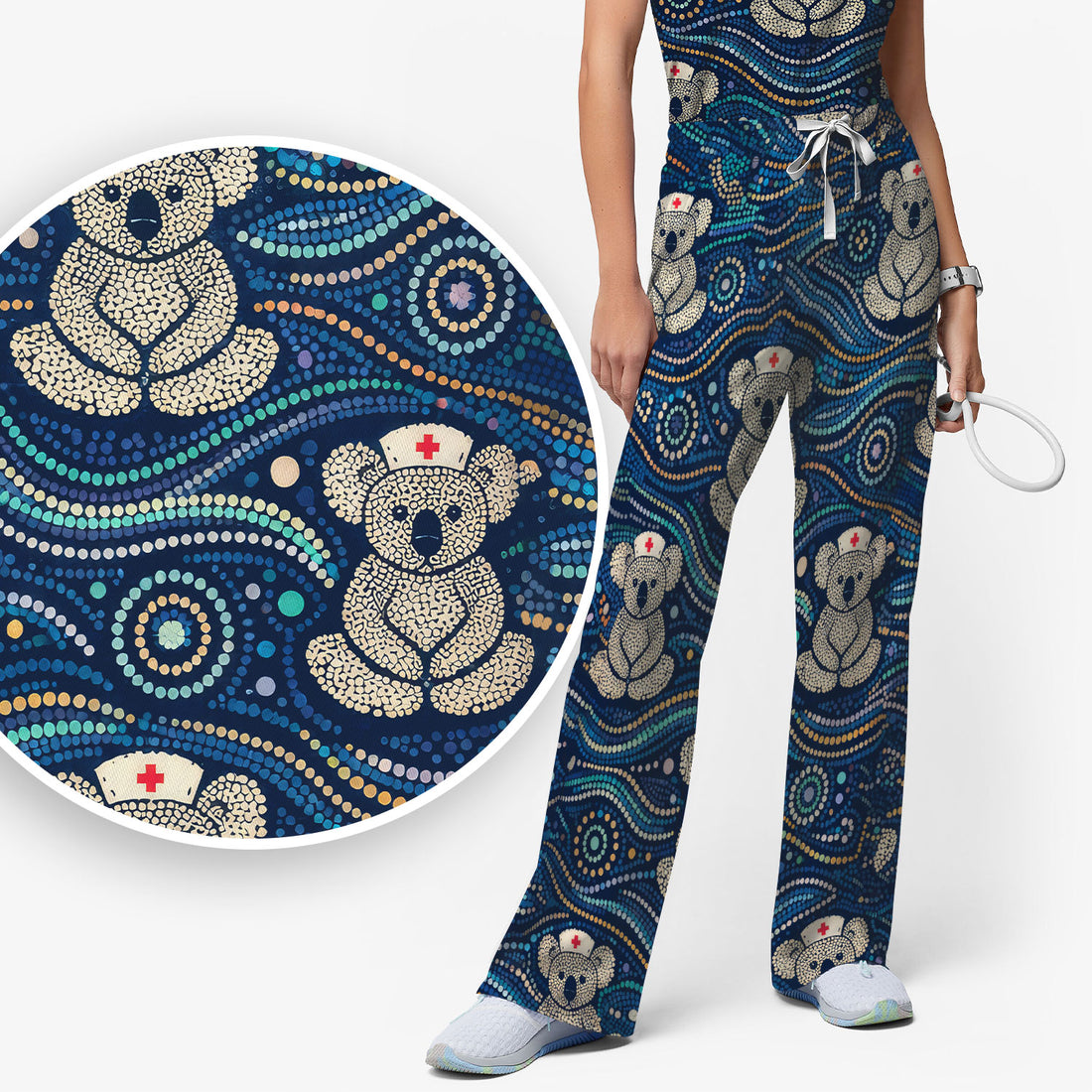 Koala Pattern Nurse Scrub Set, Aboriginal Dot Art Medical Shirt For Women, Breathable Fabrics Nursing Uniform