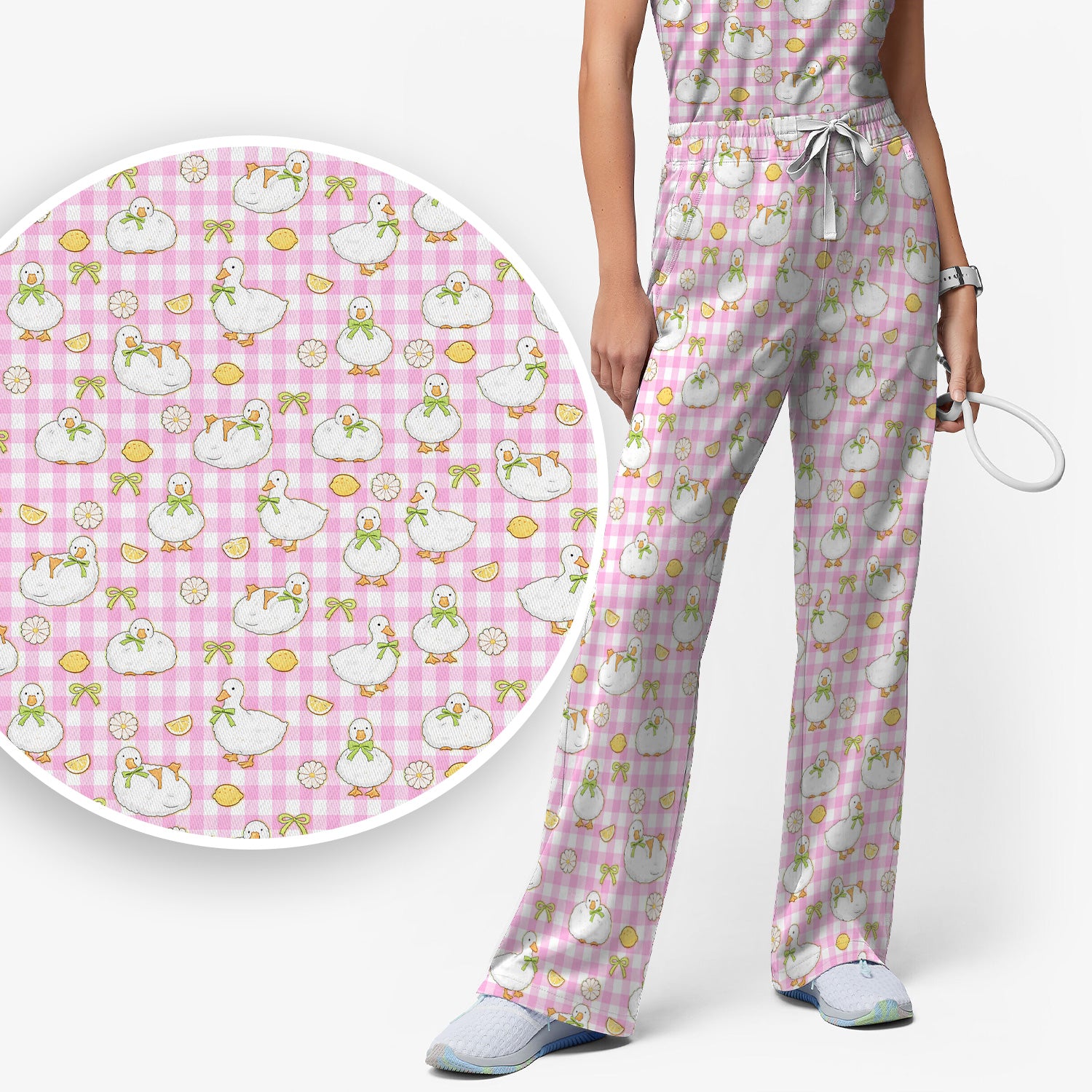 Adorable Ducks Lemon Daisy Pattern Scrubs Sets, Scrub Pants and V Neck Top