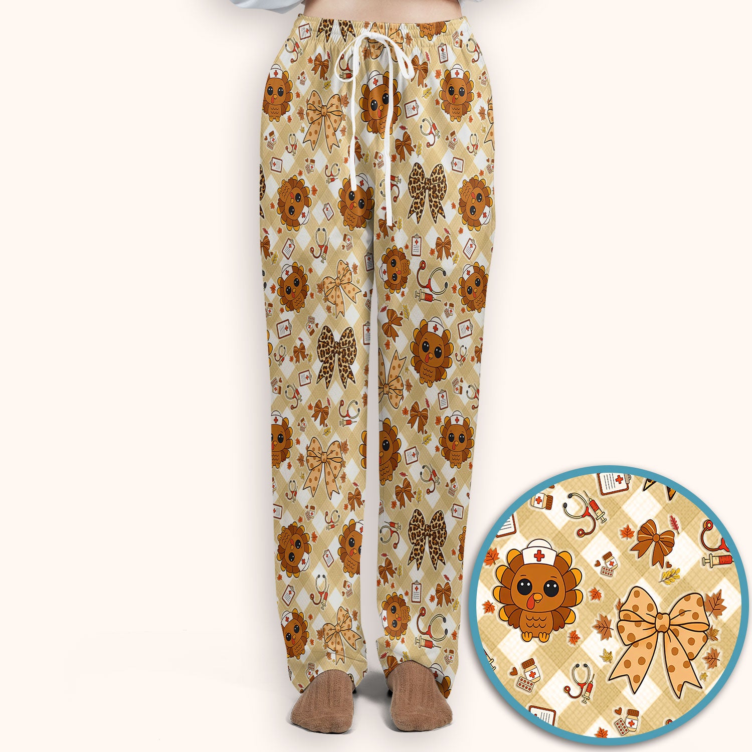 Thanksgiving Turkey Scrub Set for Nurses - Cute Fall Leaves and Bow Scrubs Pants and V Neck Top - Autumn Nursing Gift for Her