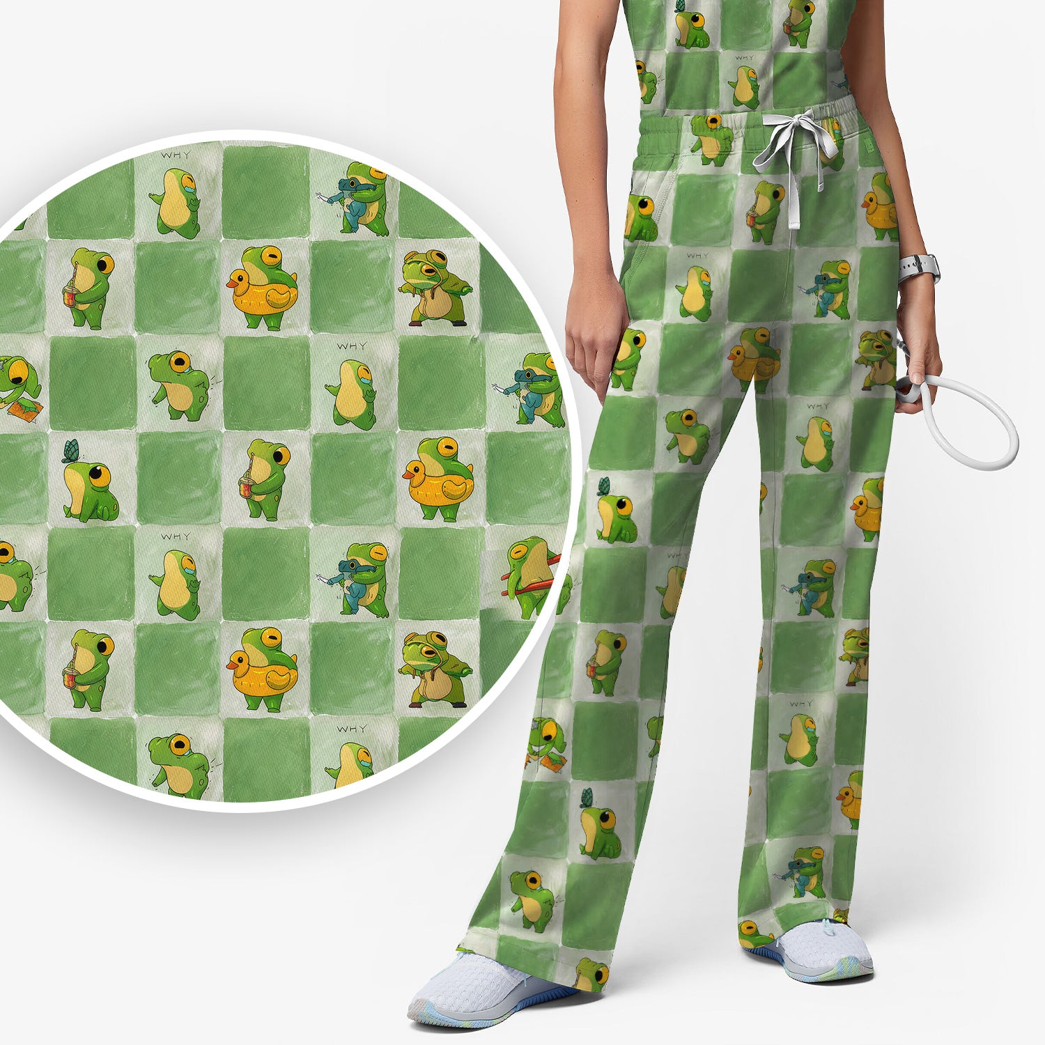 Cute Frog Duck Checkerboard Pattern Scrub Set, Scrub Pants and V Neck Top