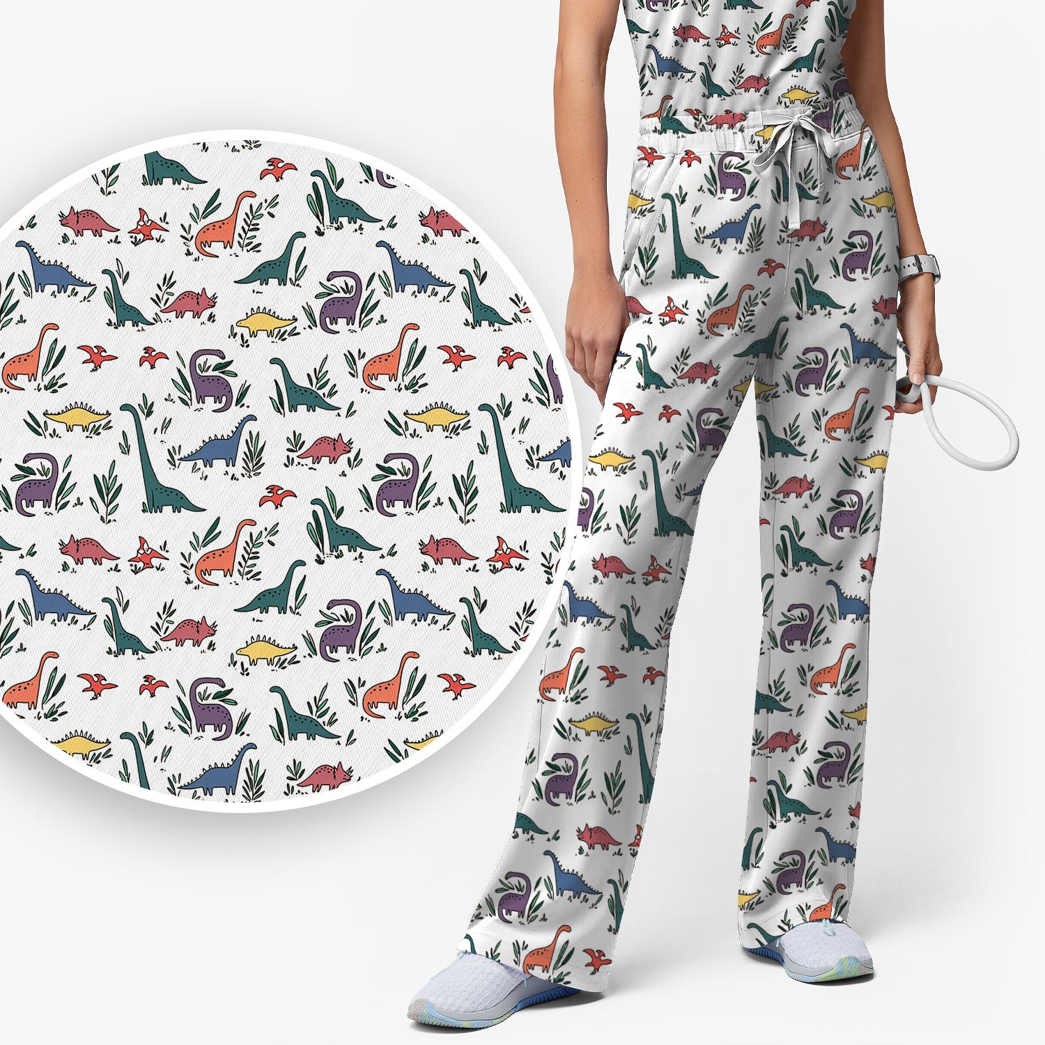 Cute Dinosaur Leafy Garden Pattern Scrub Set, Breathable Fabrics Nursing Uniform
